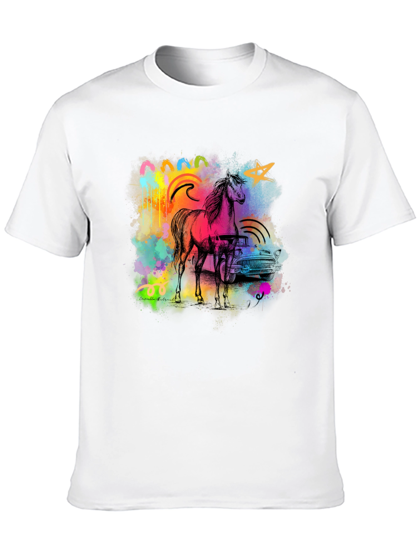 Vibrant Horse & Car Graphic Print Black T-Shirt