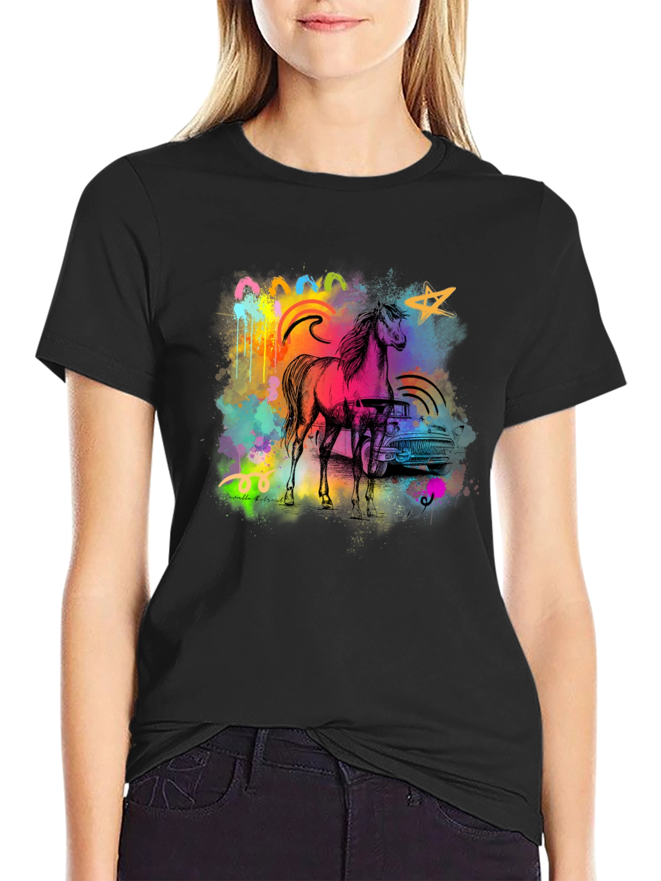 Vibrant Horse & Car Graphic Print Black T-Shirt