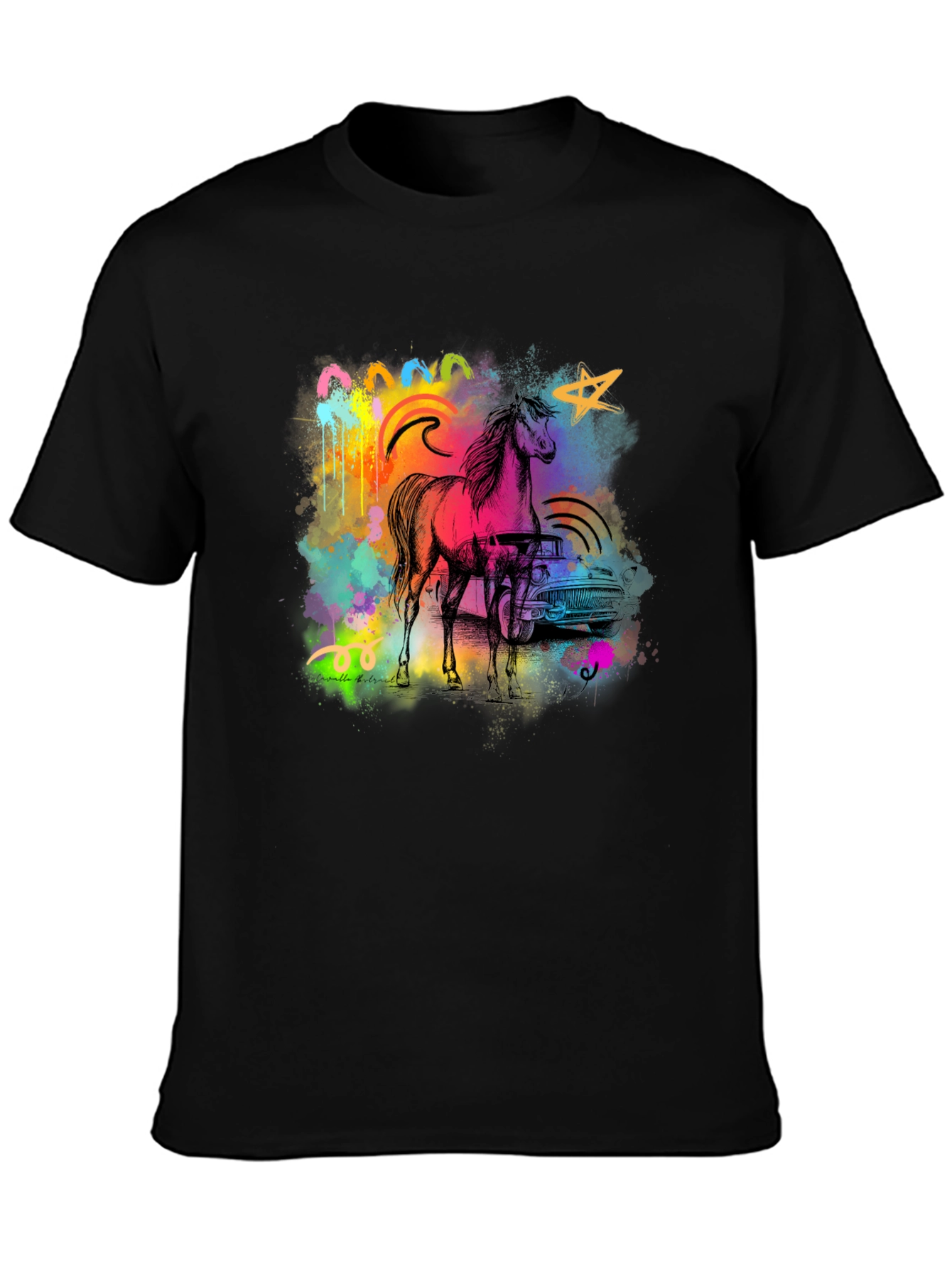 Vibrant Horse & Car Graphic Print Black T-Shirt