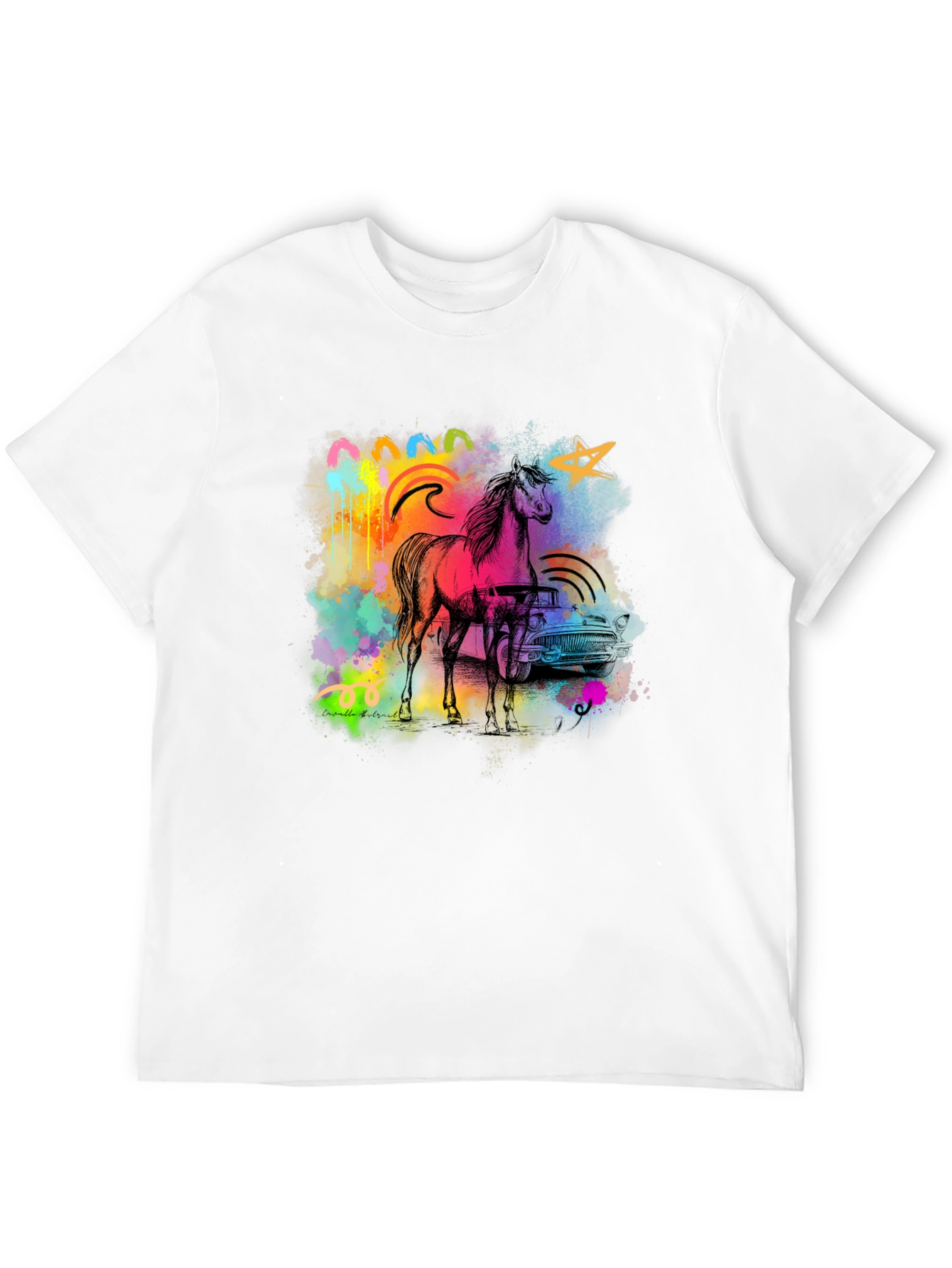 Vibrant Horse & Car Graphic Print Black T-Shirt