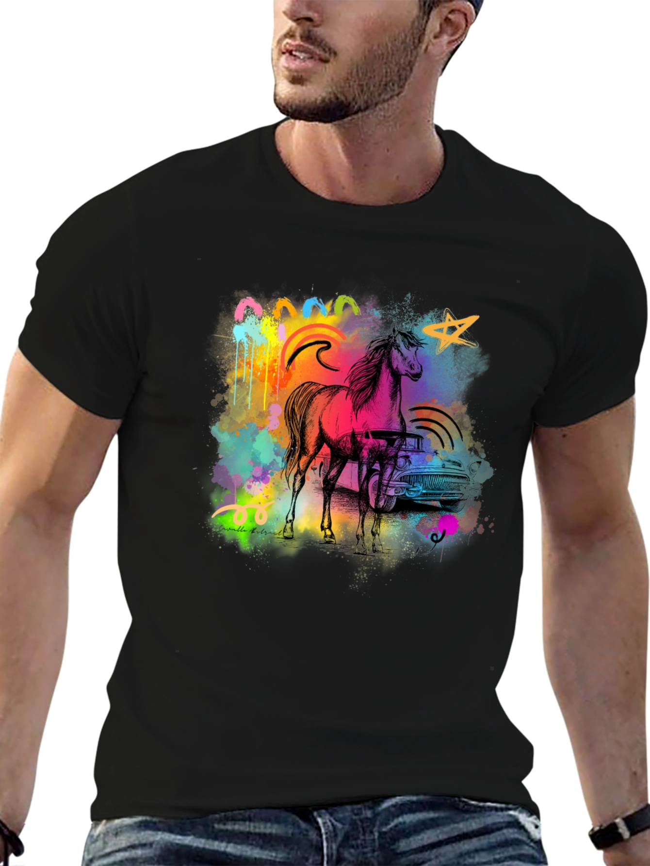 Vibrant Horse & Car Graphic Print Black T-Shirt
