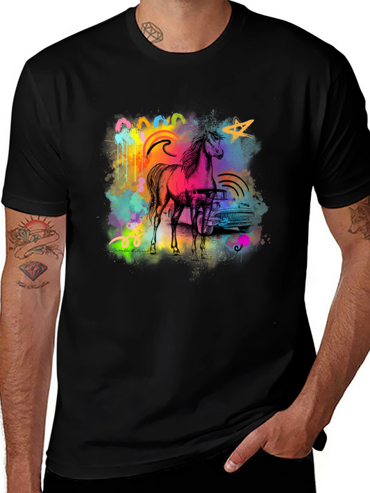 Vibrant Horse & Car Graphic Print Black T-Shirt