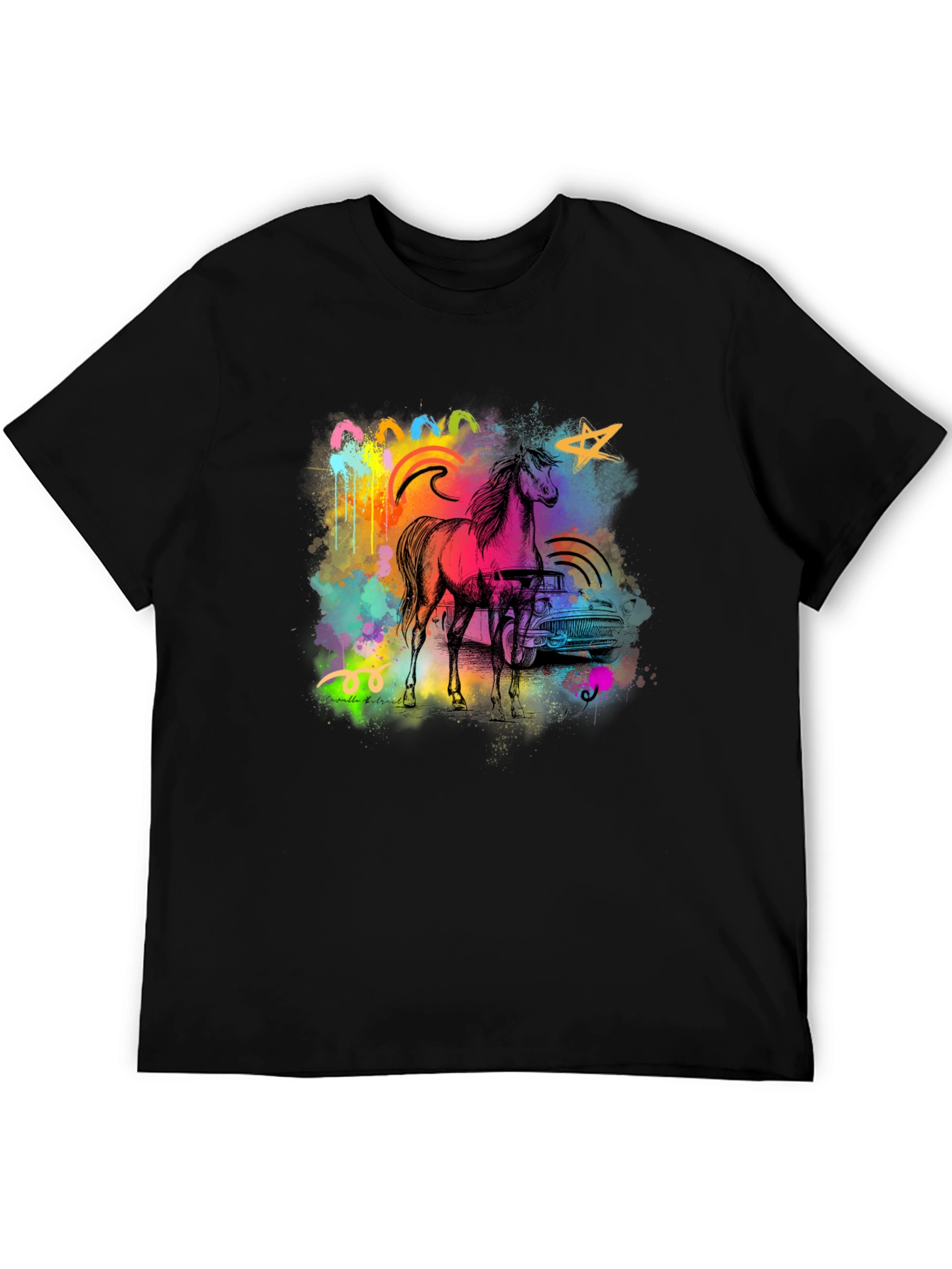 Vibrant Horse & Car Graphic Print Black T-Shirt