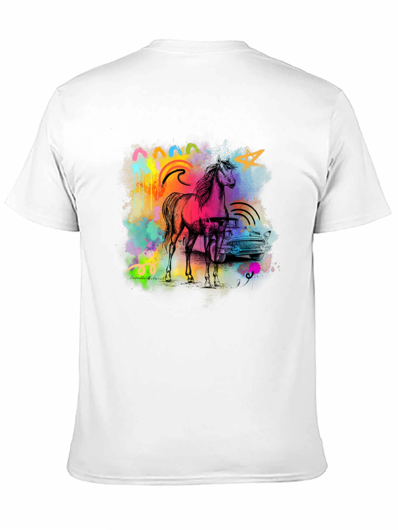 Vibrant Horse & Car Graphic Print Black T-Shirt