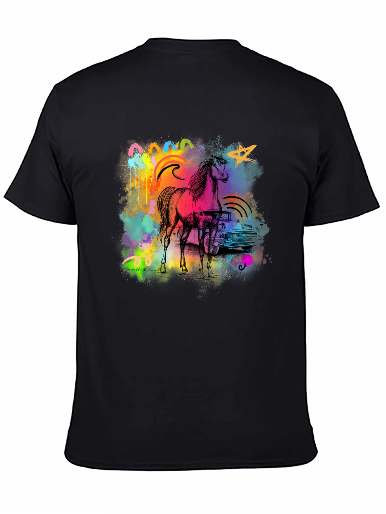 Vibrant Horse & Car Graphic Print Black T-Shirt