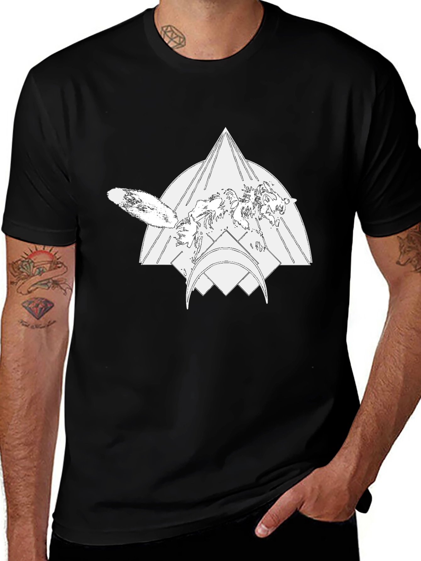 Geometric Wolf Graphic Black Tee