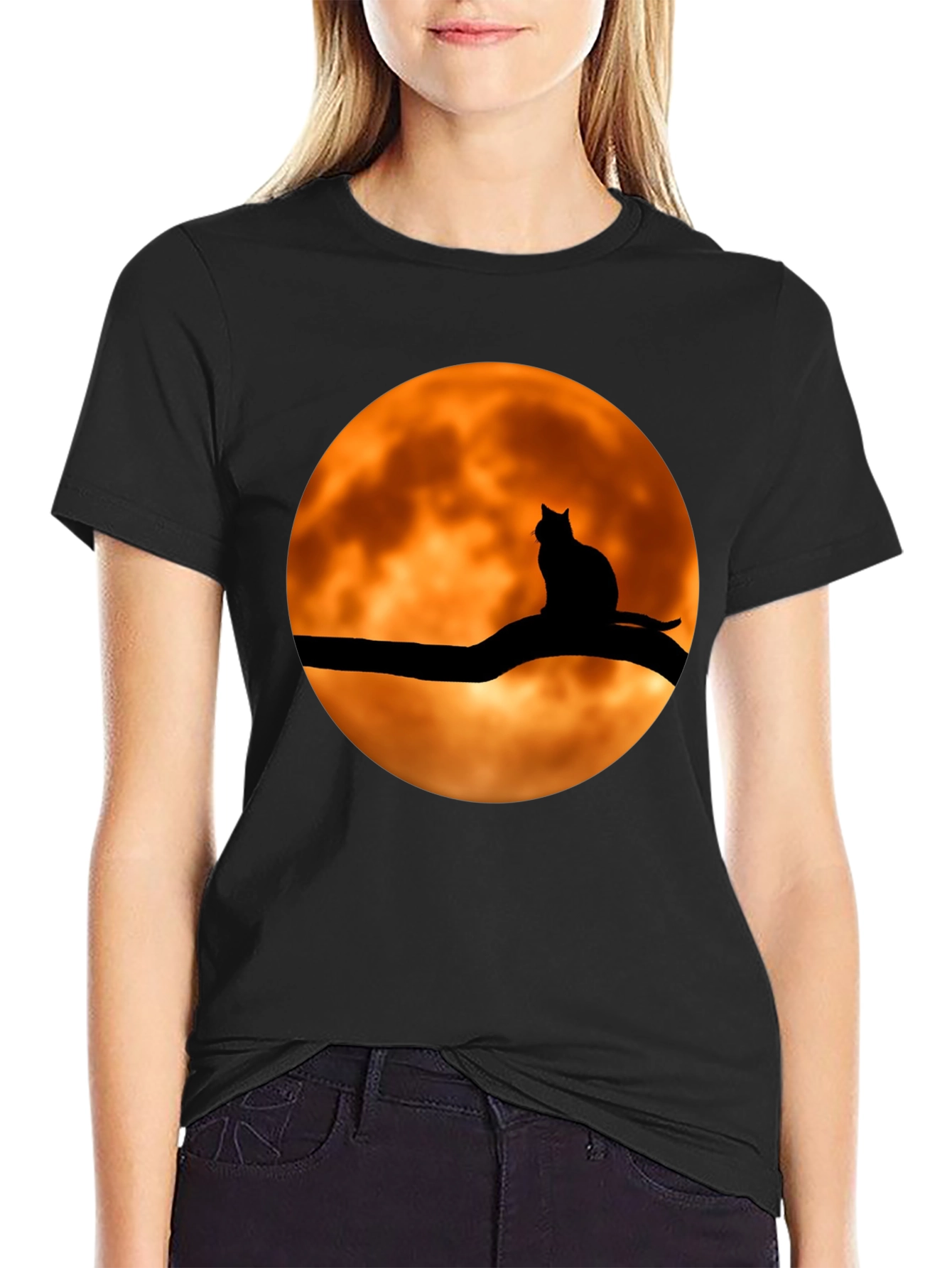 Spooky Cat on Moon Graphic Tee