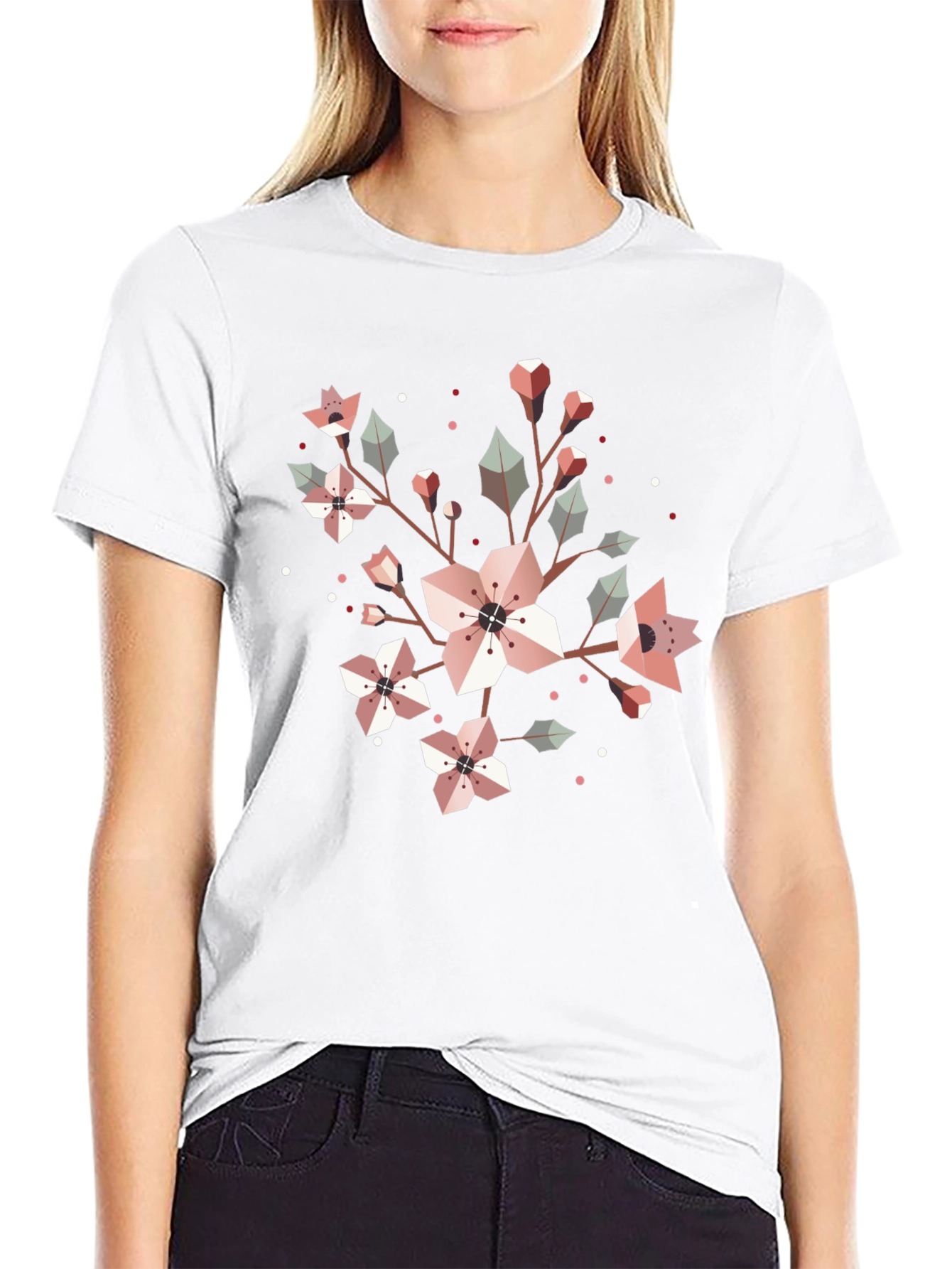 Geometric Floral Graphic Tee - Black Cotton Blend