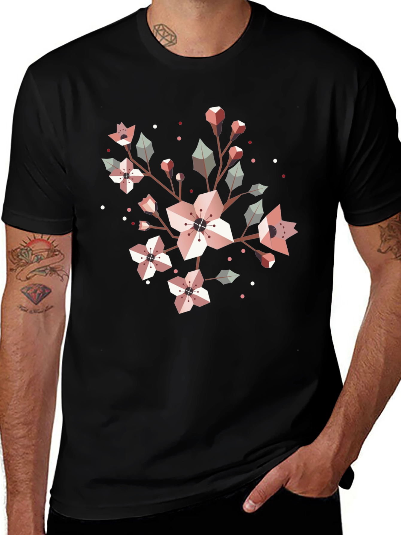 Geometric Floral Graphic Tee - Black Cotton Blend