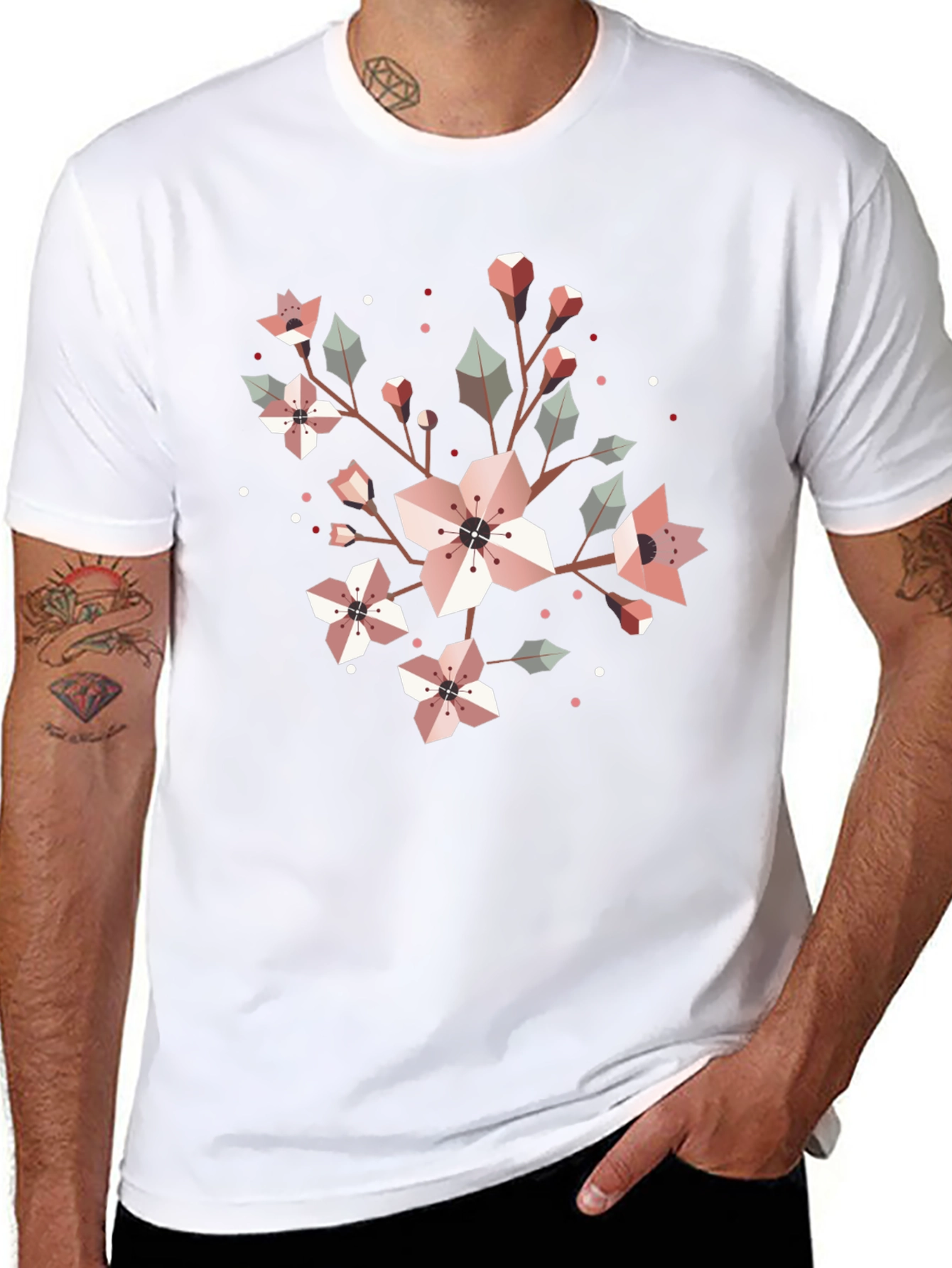 Geometric Floral Graphic Tee - Black Cotton Blend