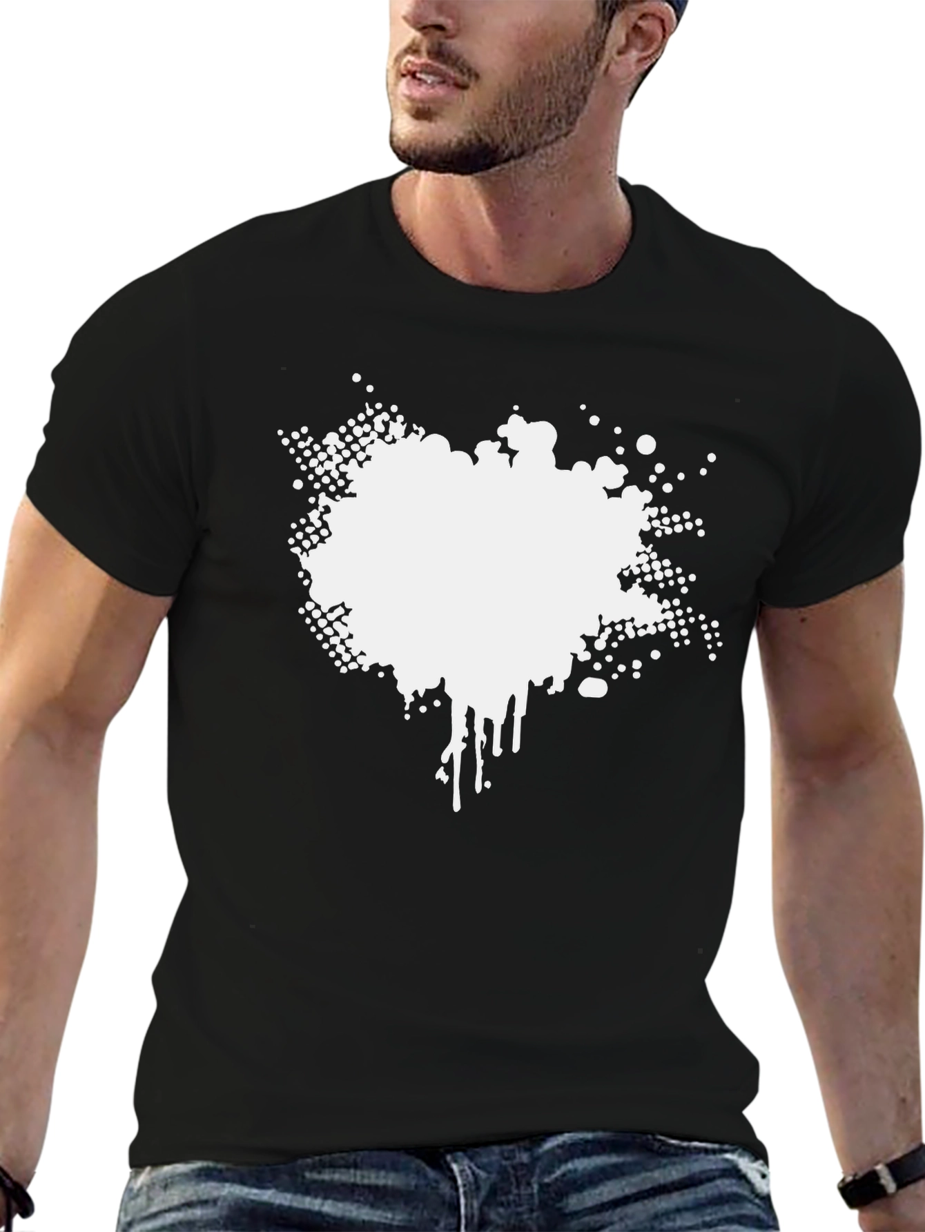 Mens Black Graphic Tee - Abstract White Print