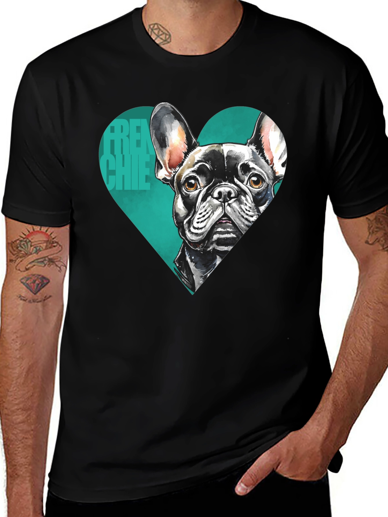 French Bulldog Tee: Heart Graphic Black T-Shirt
