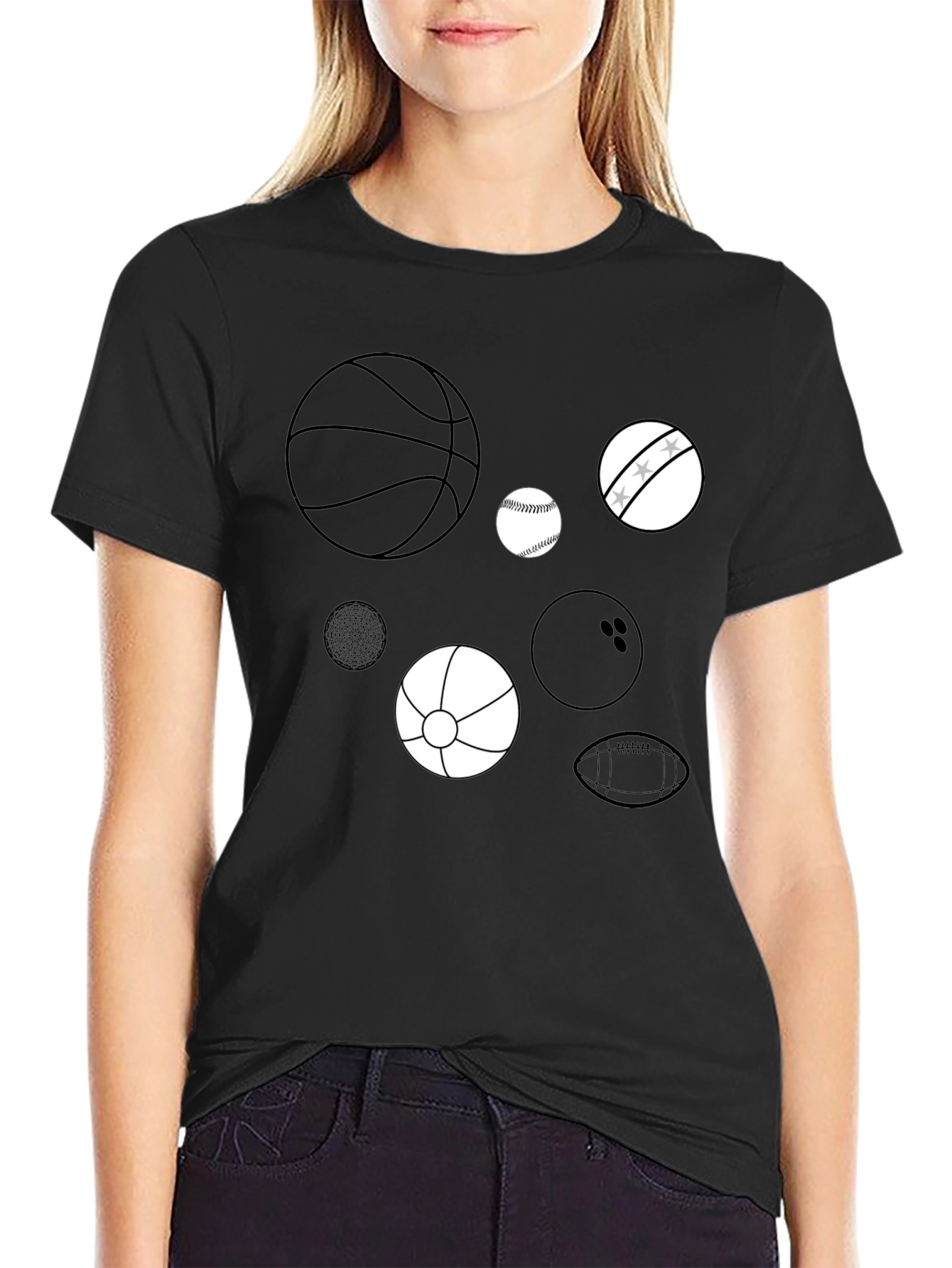 Sports Balls Graphic Print Black T-Shirt