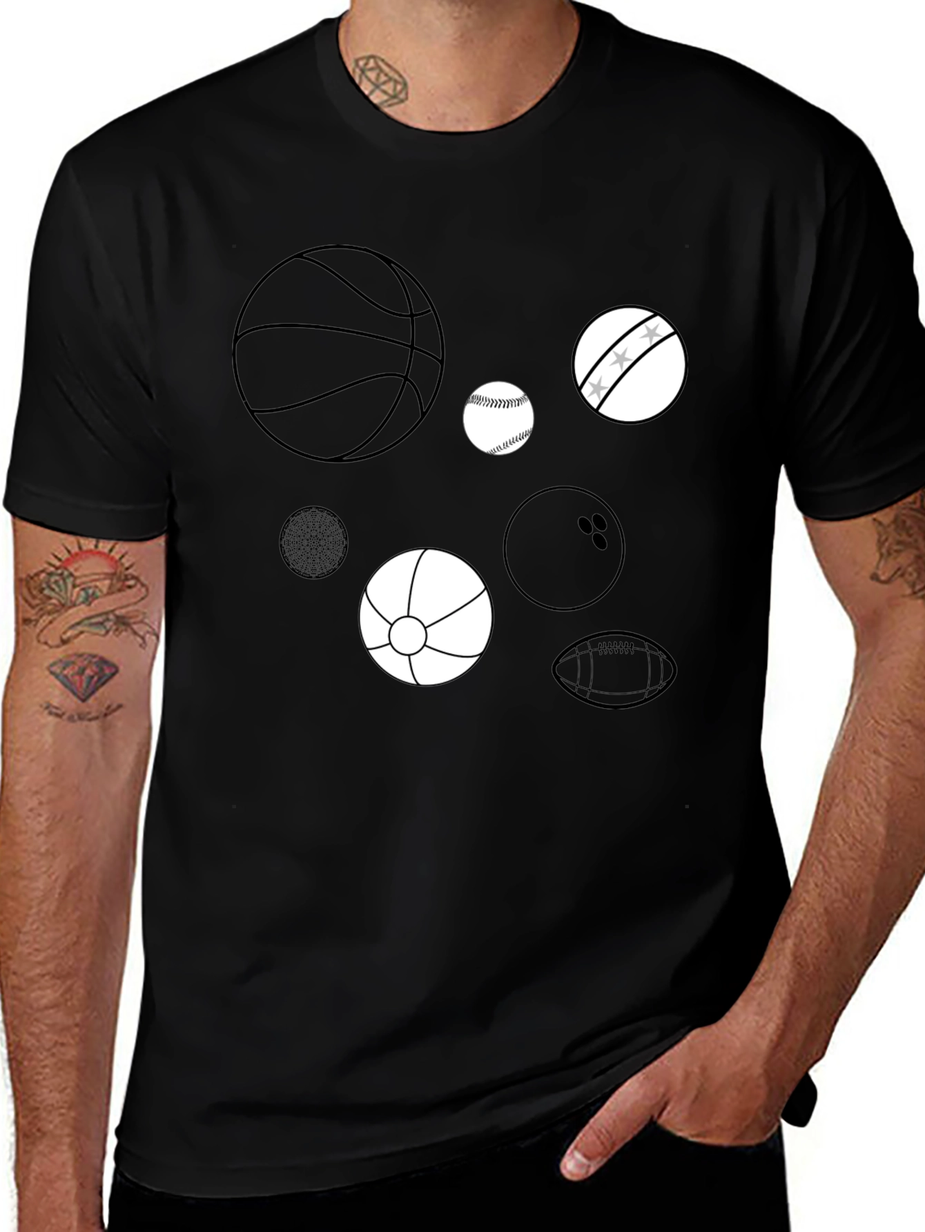 Sports Balls Graphic Print Black T-Shirt
