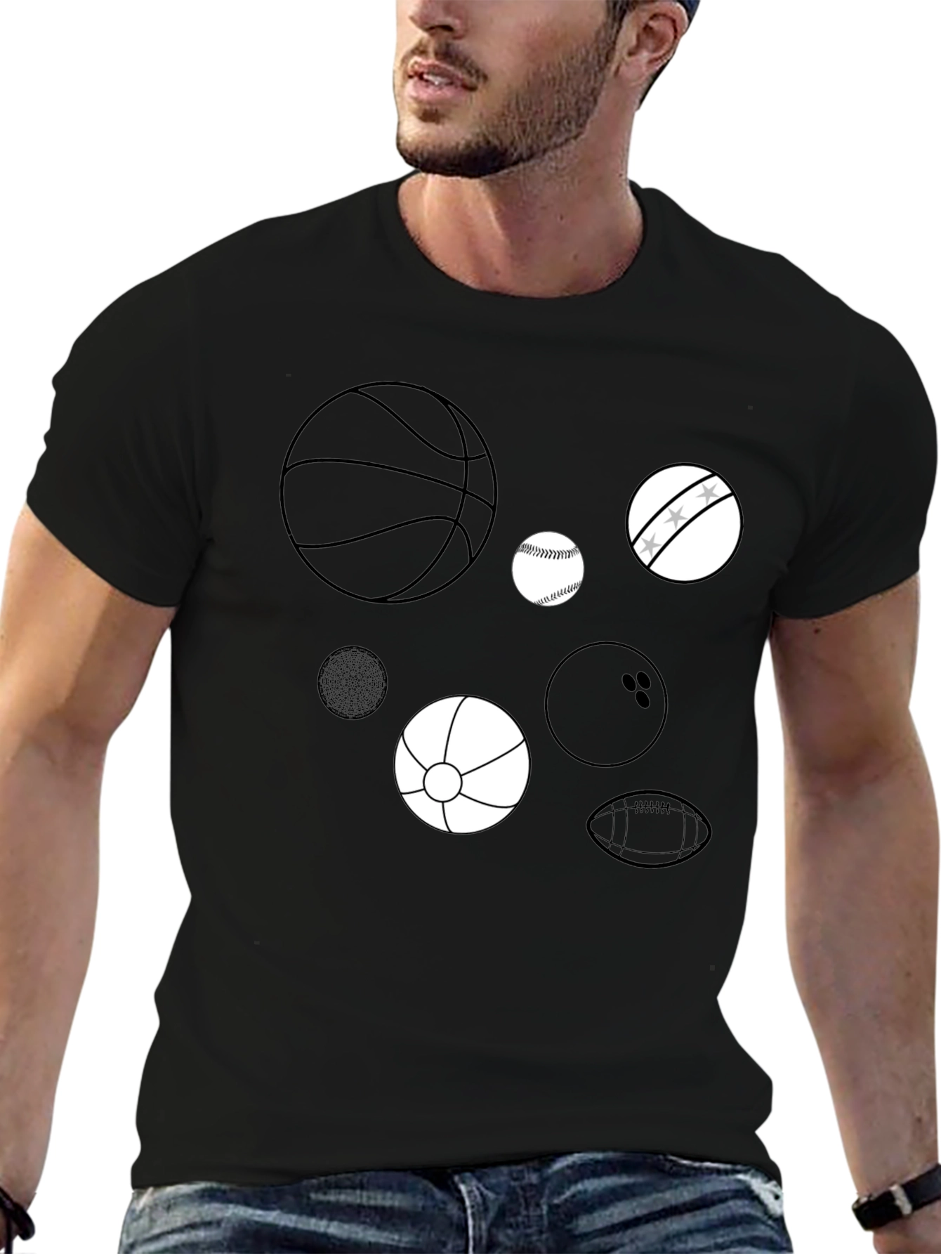 Sports Balls Graphic Print Black T-Shirt