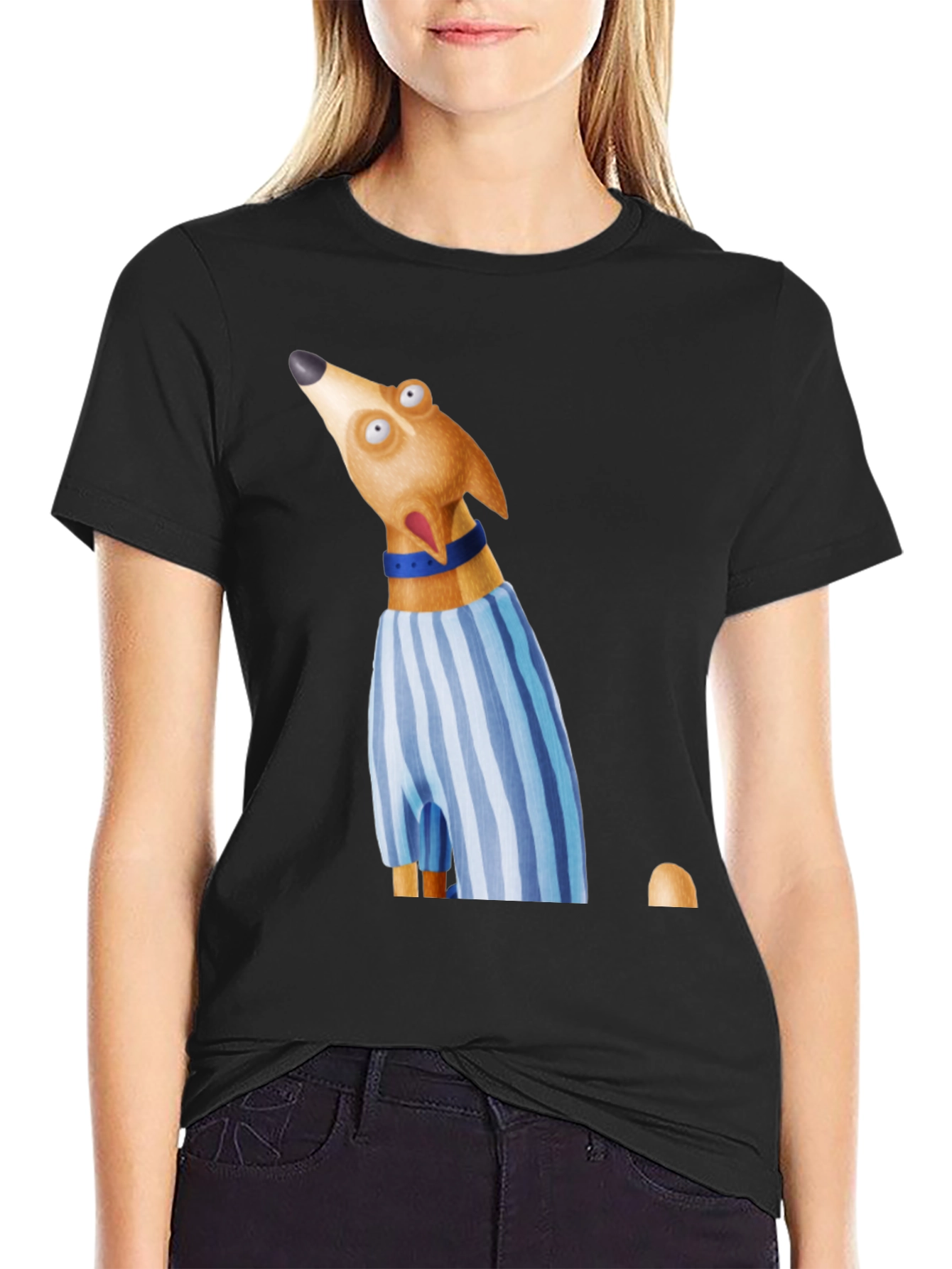 Dog Cartoon Graphic Print Crew Neck T-Shirt