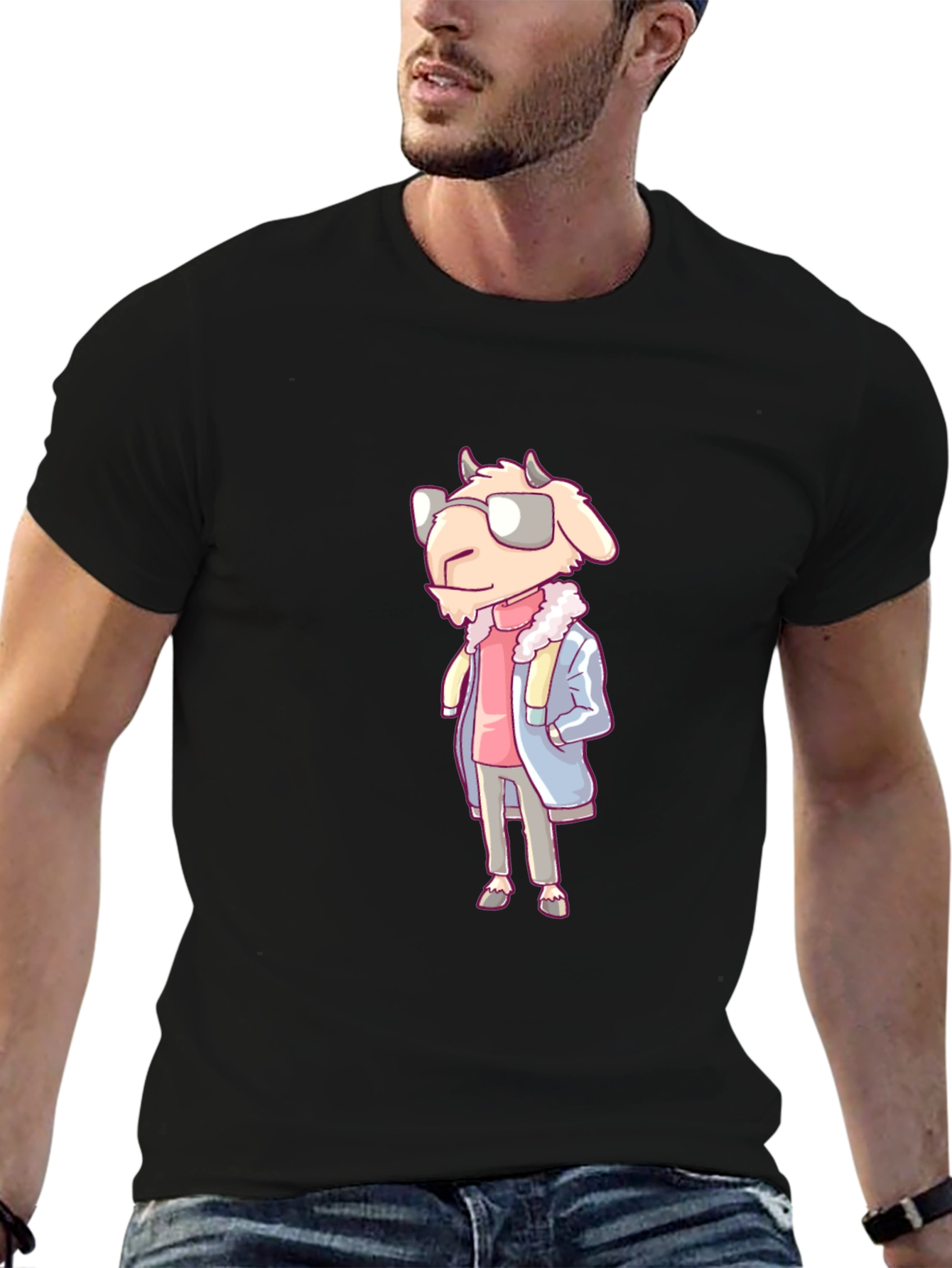 Cool Goat Cartoon Graphic Black T-Shirt