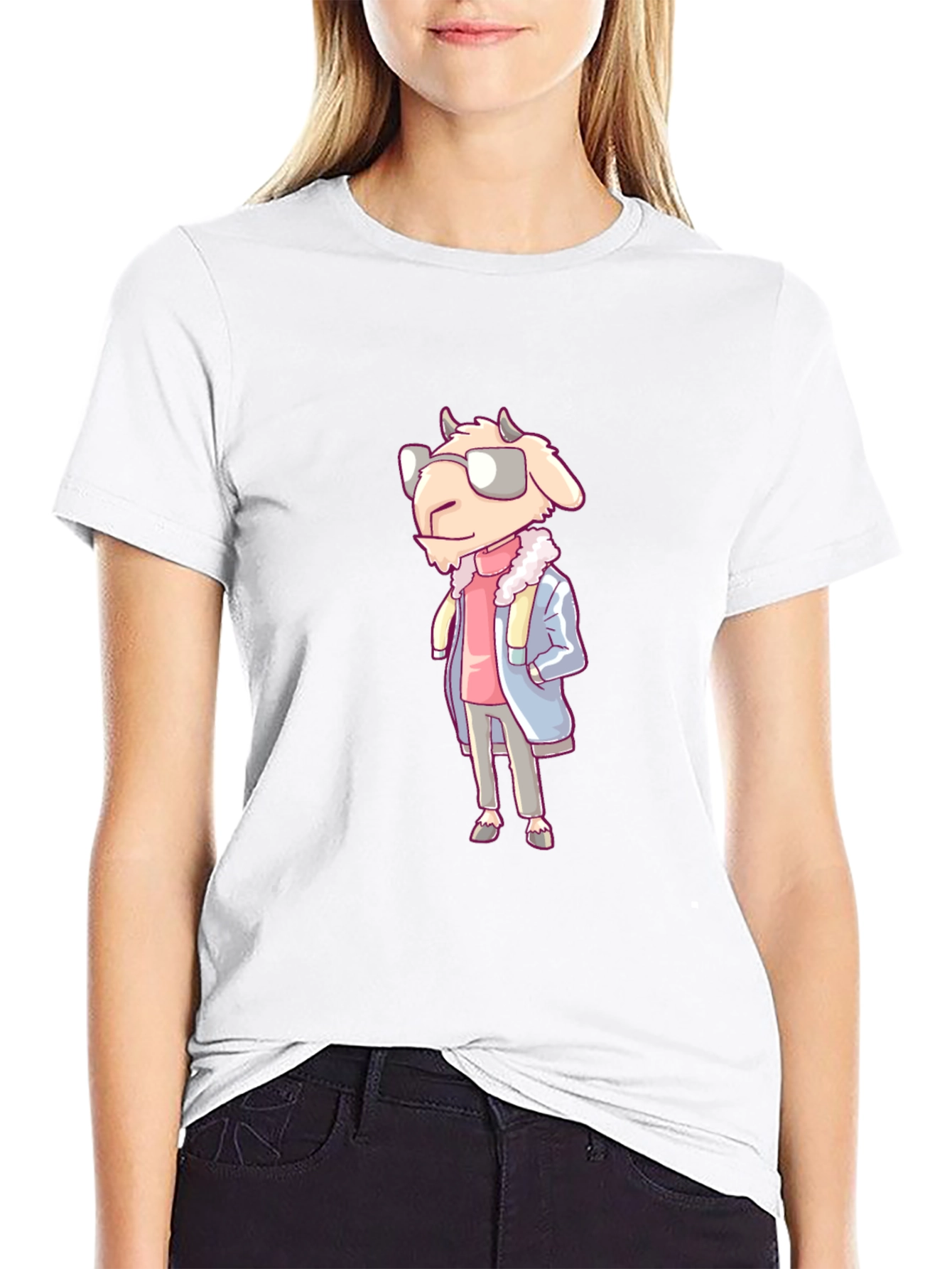 Cool Goat Cartoon Graphic Black T-Shirt