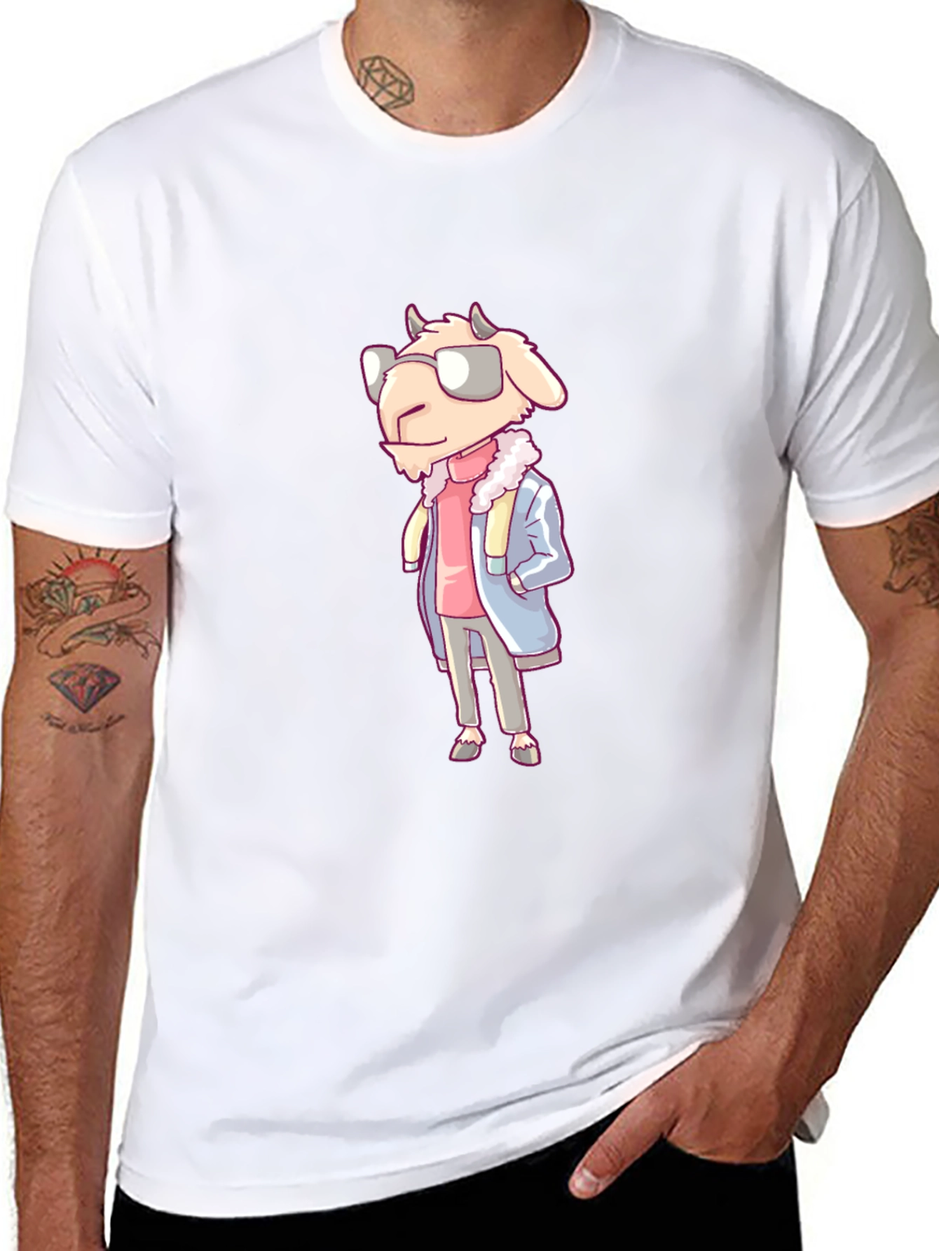Cool Goat Cartoon Graphic Black T-Shirt