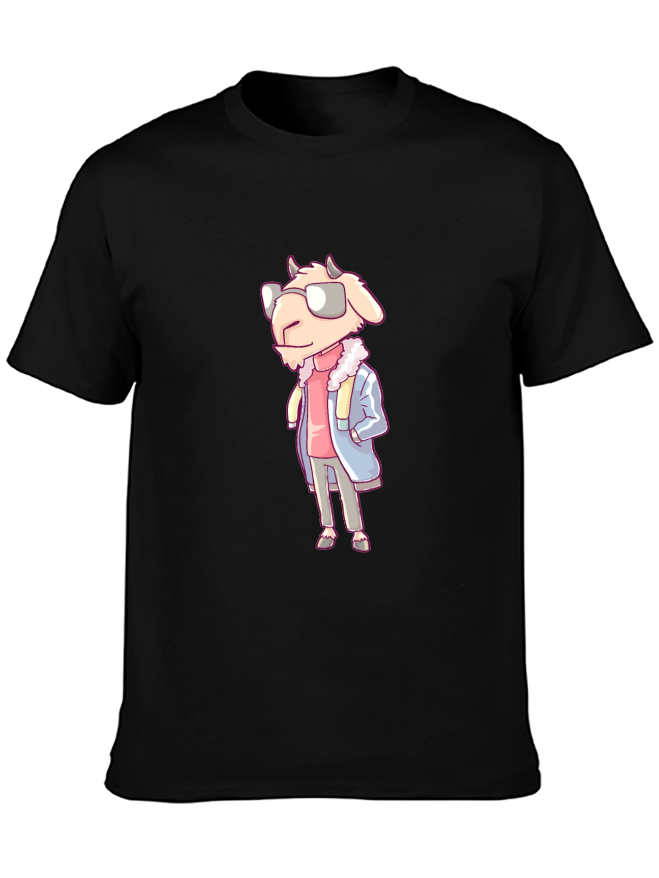 Cool Goat Cartoon Graphic Black T-Shirt