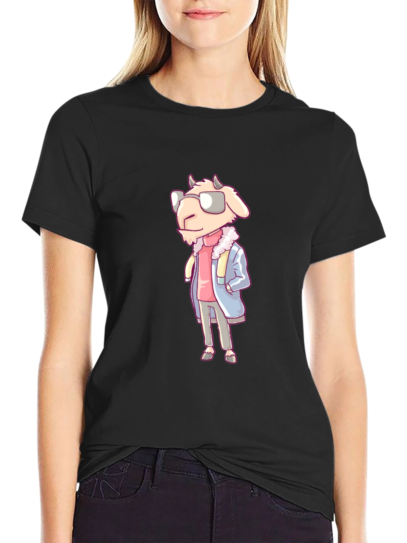 Cool Goat Cartoon Graphic Black T-Shirt