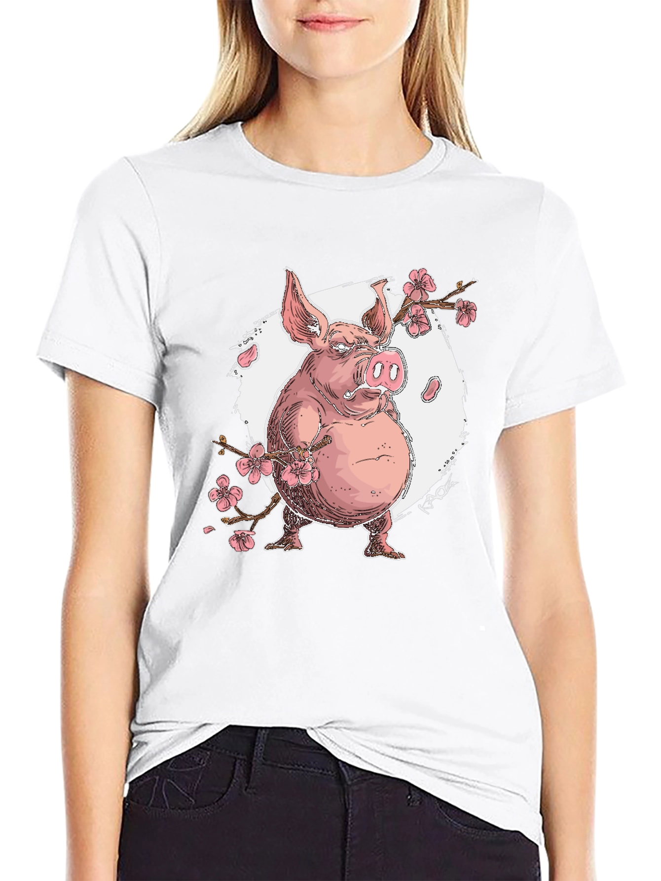 Pig with Cherry Blossoms Graphic T-Shirt