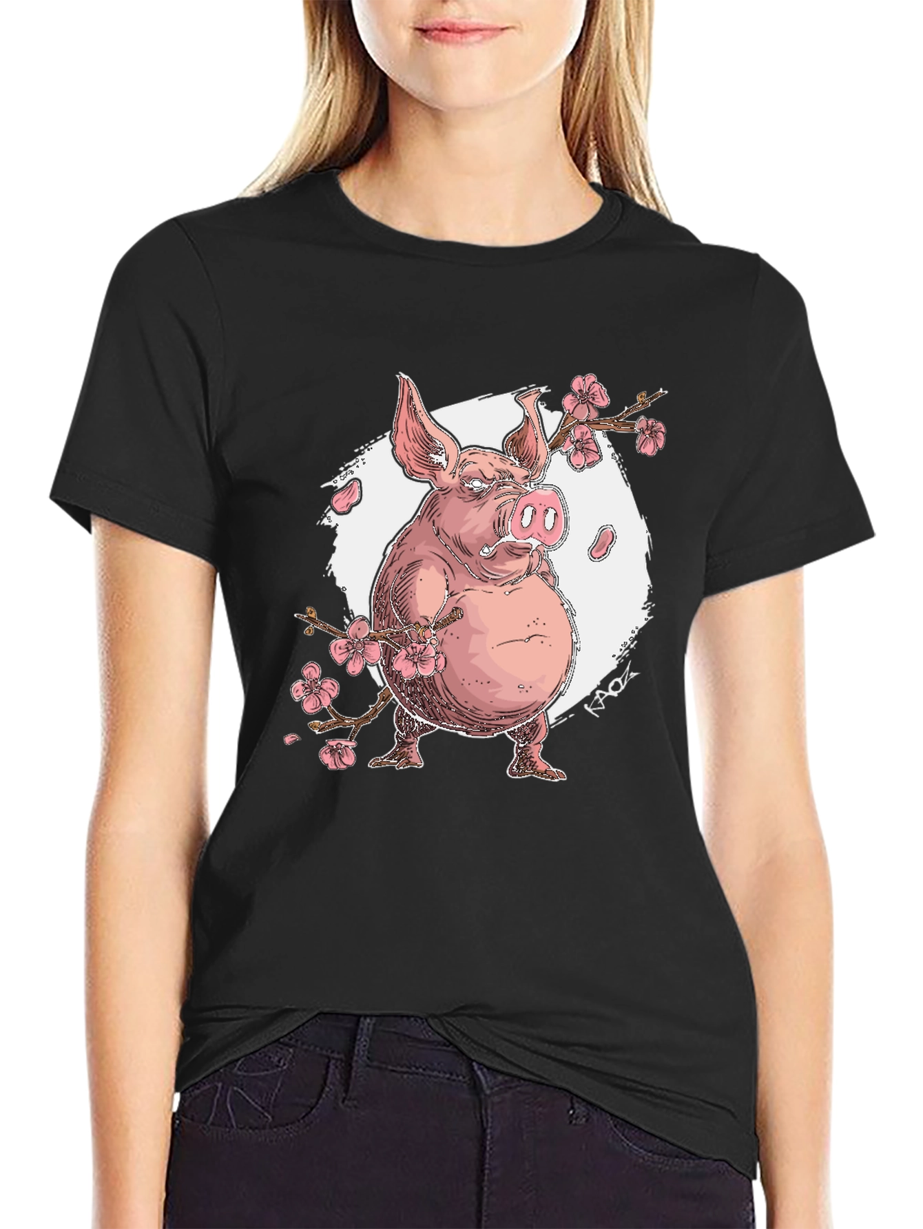 Pig with Cherry Blossoms Graphic T-Shirt