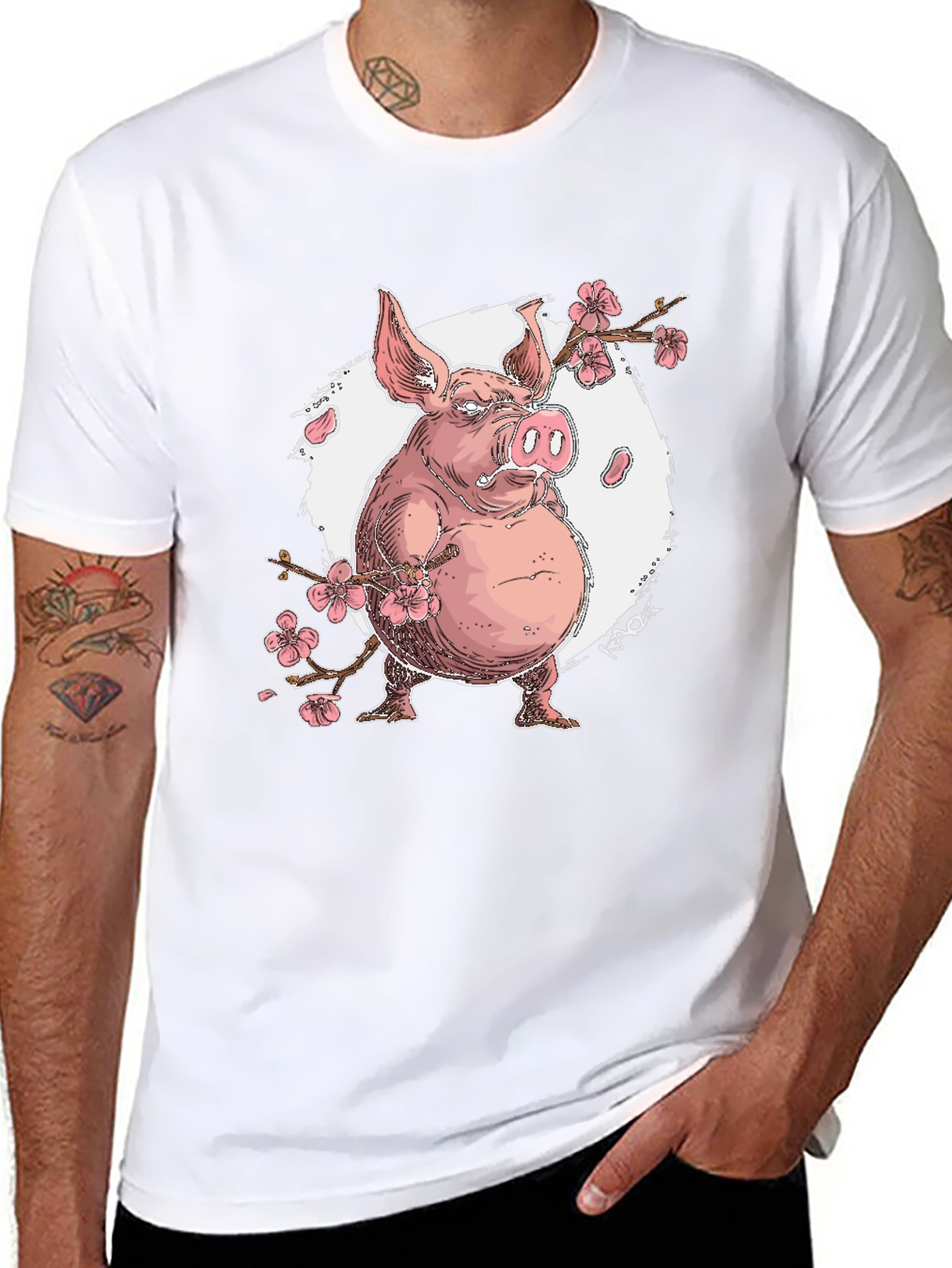 Pig with Cherry Blossoms Graphic T-Shirt