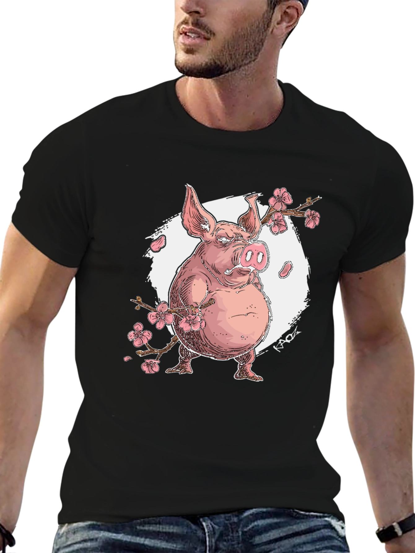 Pig with Cherry Blossoms Graphic T-Shirt