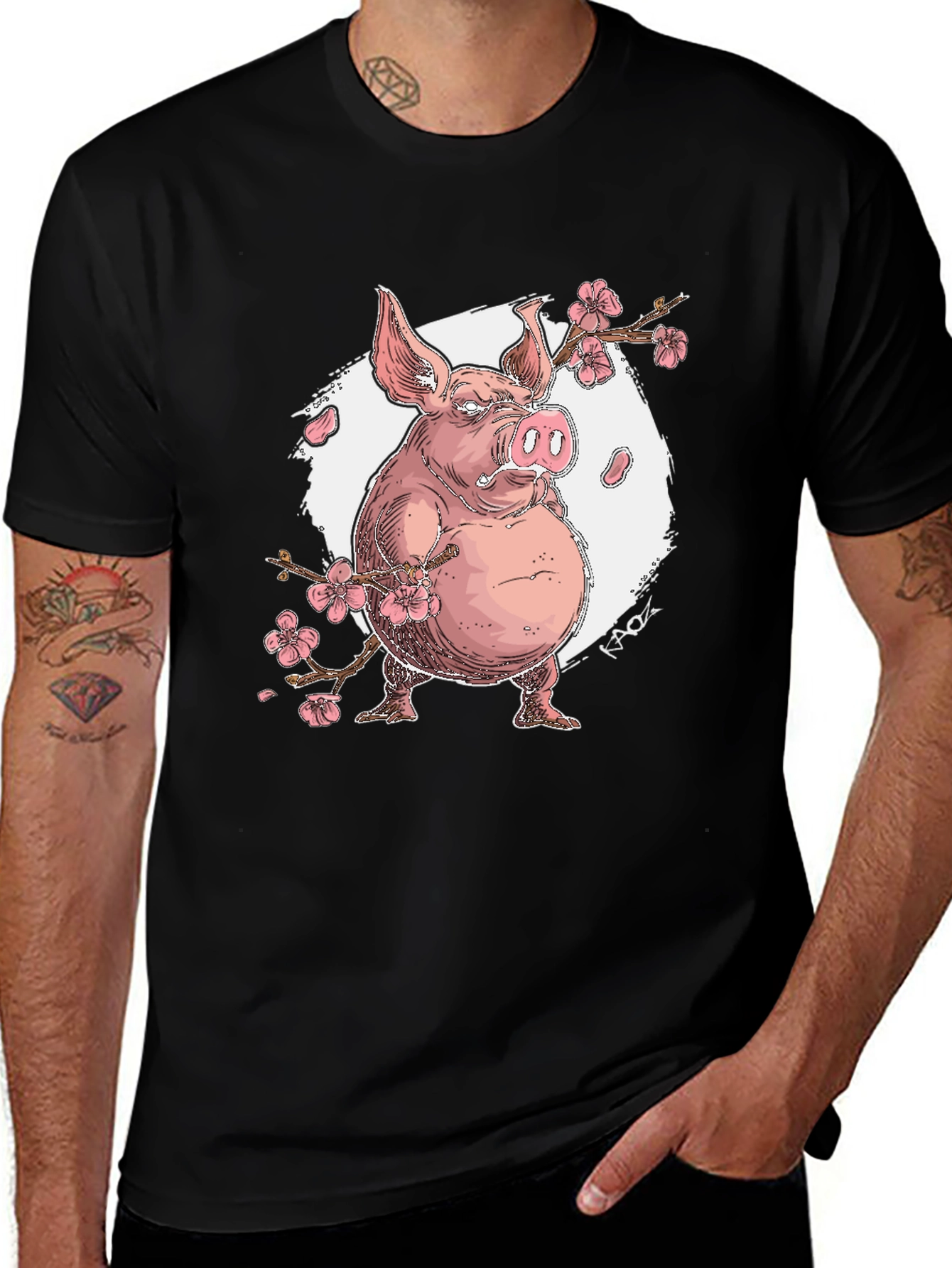 Pig with Cherry Blossoms Graphic T-Shirt