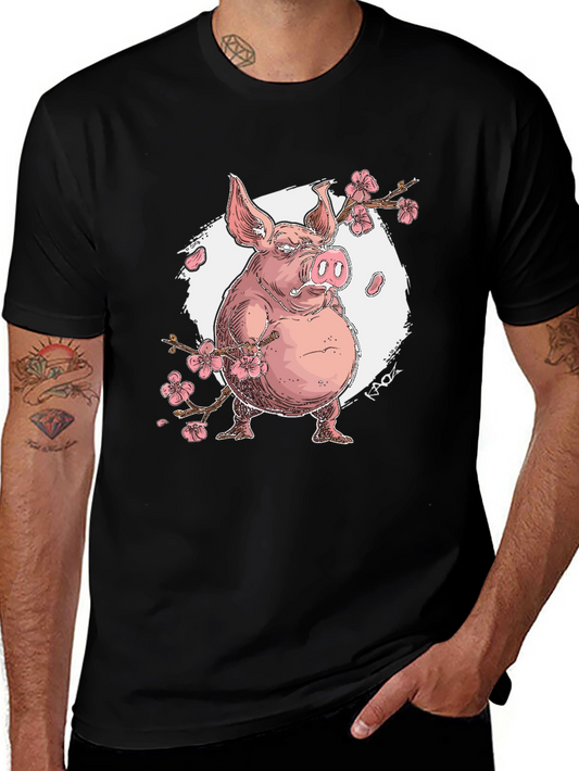 Pig with Cherry Blossoms Graphic T-Shirt