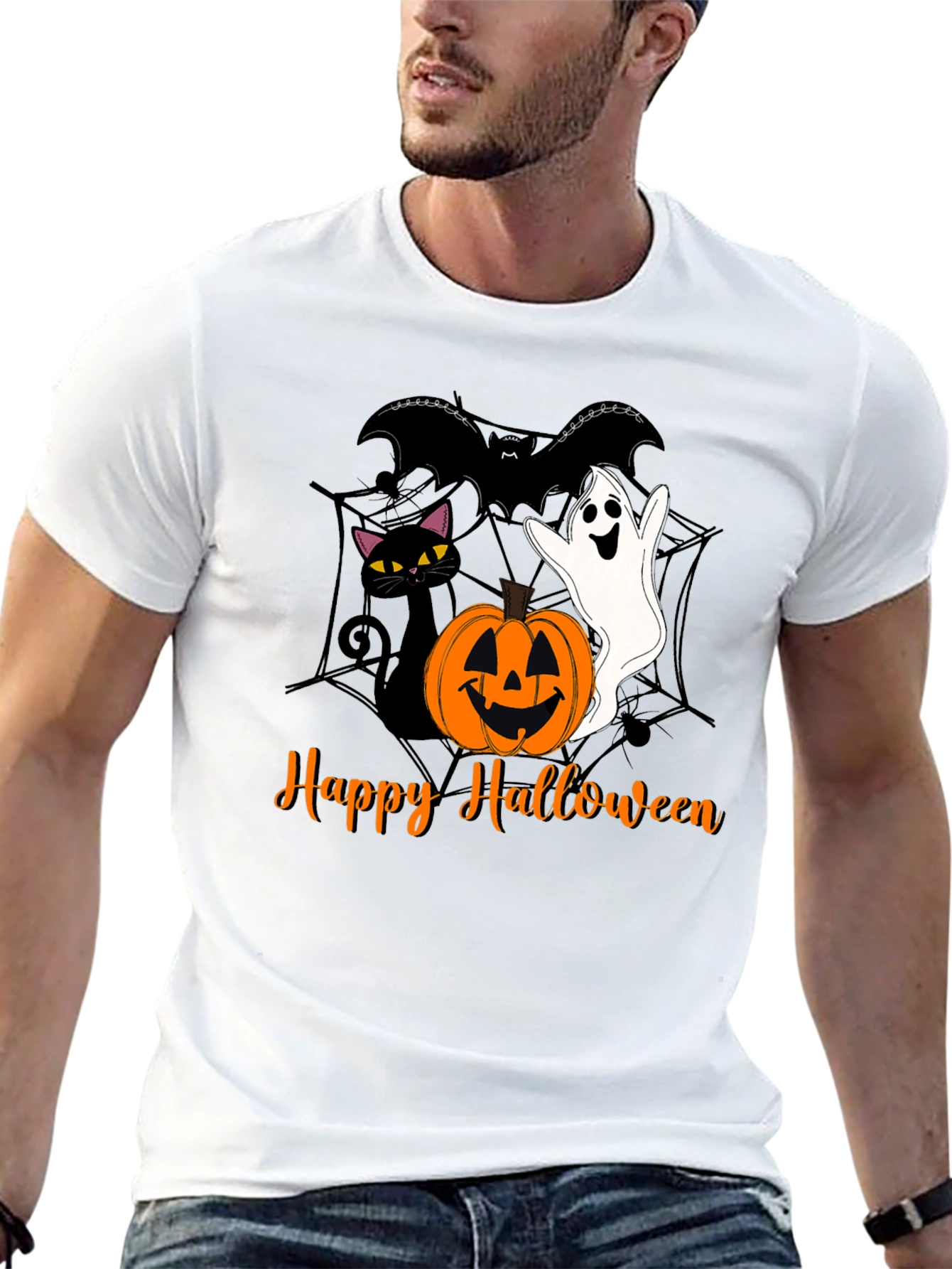Halloween Cat Ghost Bat Graphic T-Shirt