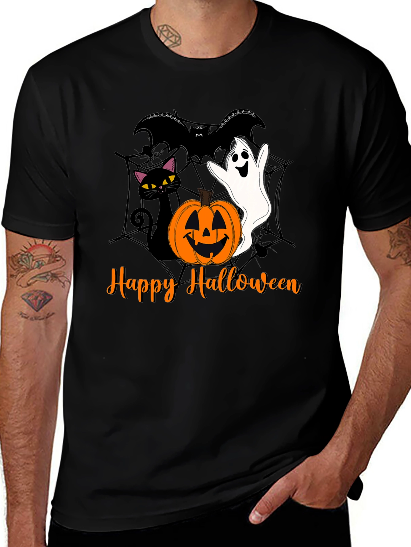 Halloween Cat Ghost Bat Graphic T-Shirt