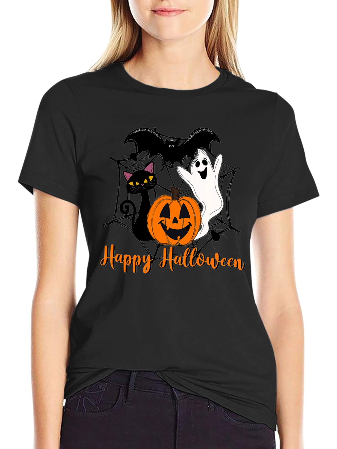 Halloween Cat Ghost Bat Graphic T-Shirt