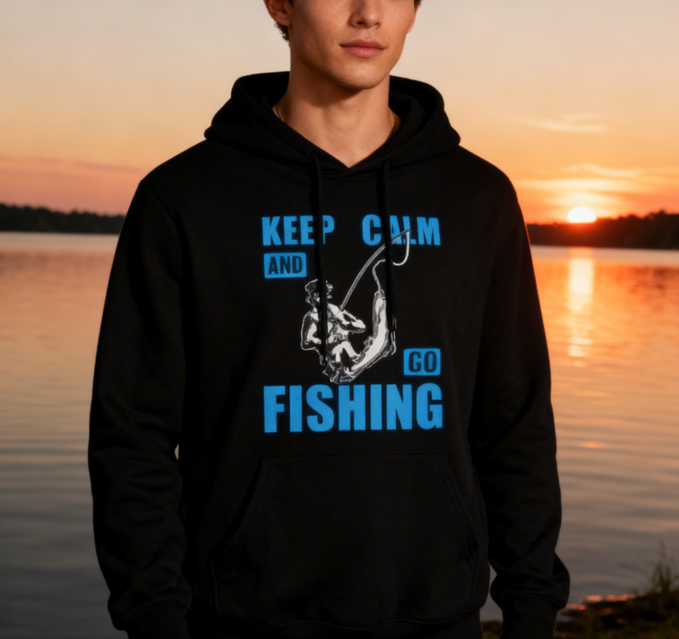 a'Keep Calm and Go Fishing' Graphic Hoodie for Outdoor Enthusiasts
