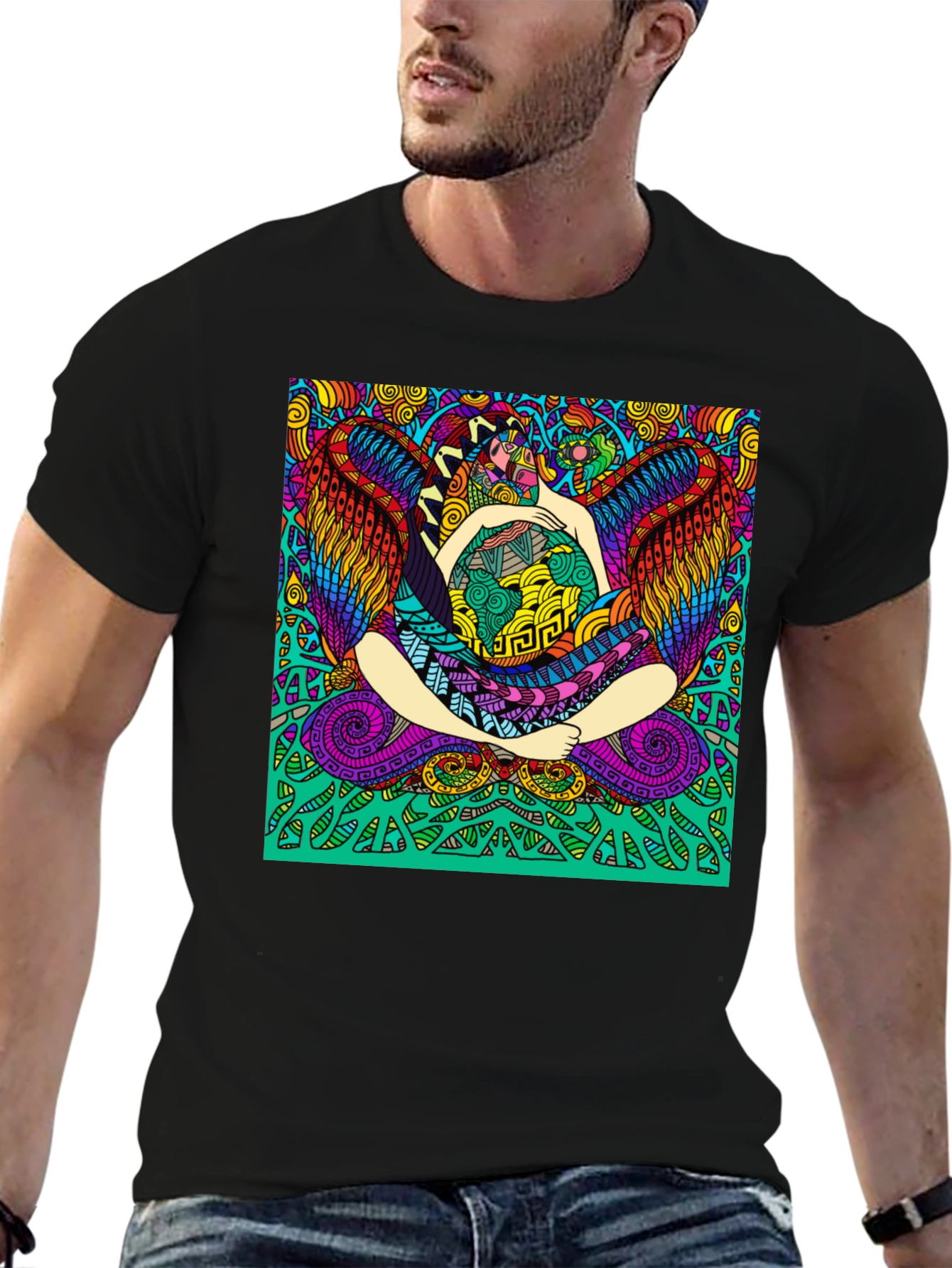 Vibrant Psychedelic Graphic Print Black T-Shirt