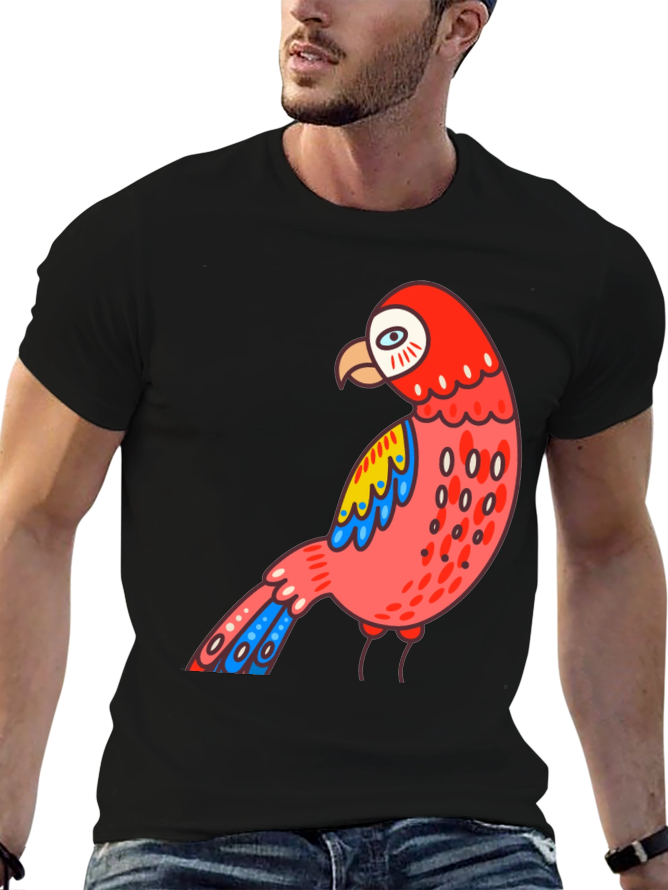 Mens Black T-shirt with Parrot Graphic