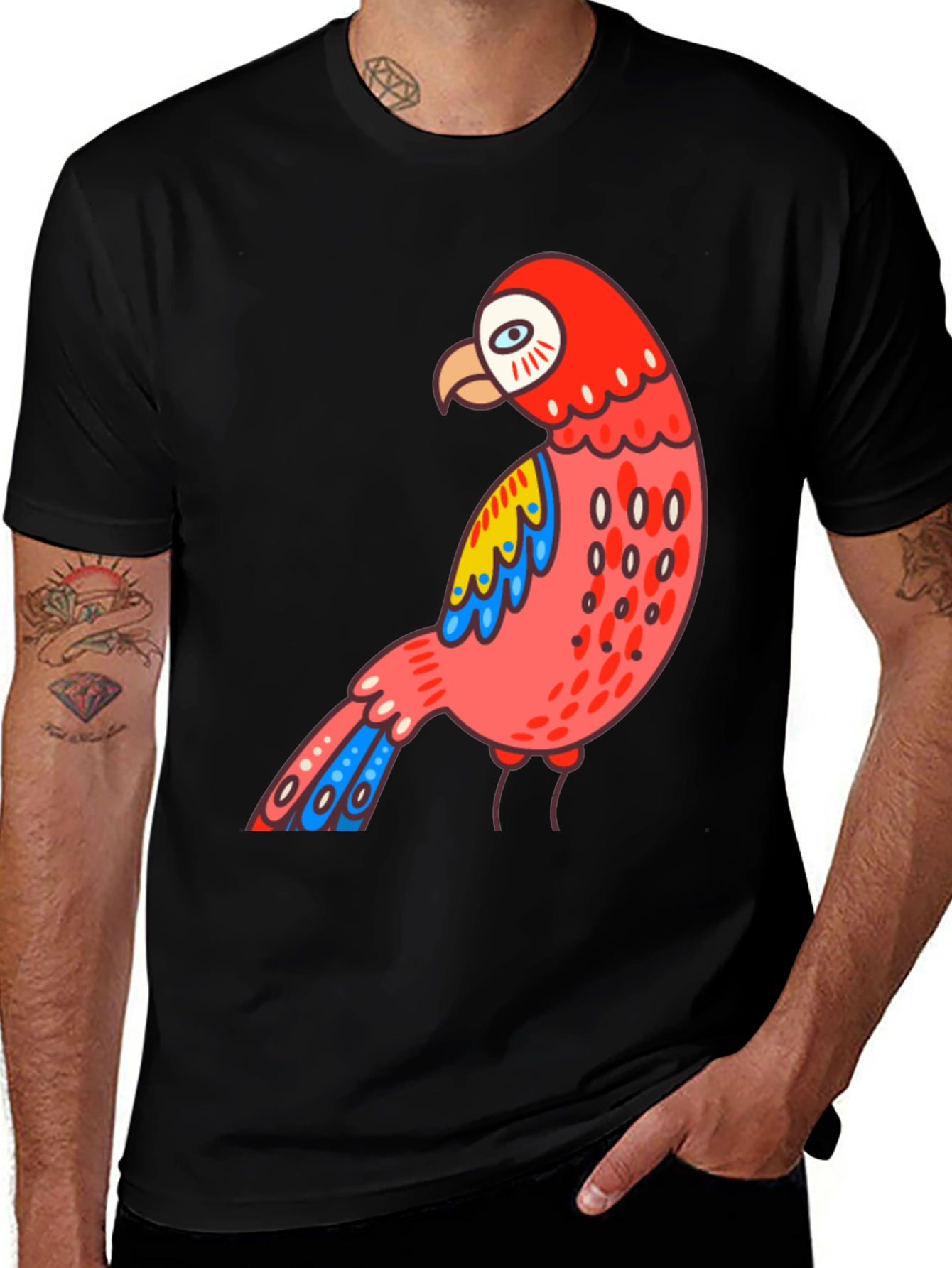 Mens Black T-shirt with Parrot Graphic