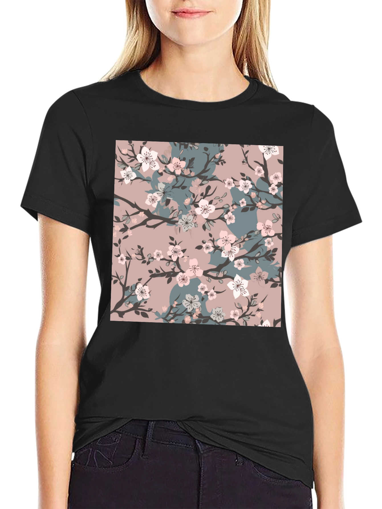Floral Blossom Print Black T-Shirt