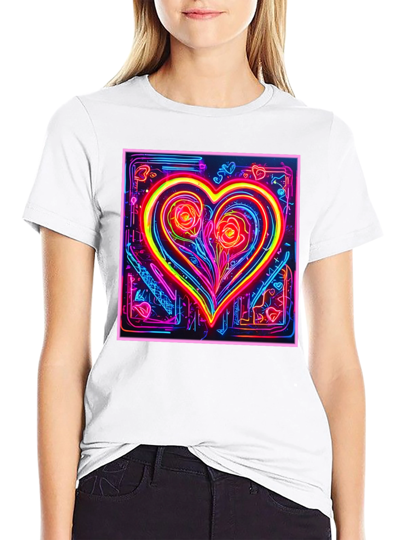 Neon Heart Rose Graphic T-Shirt