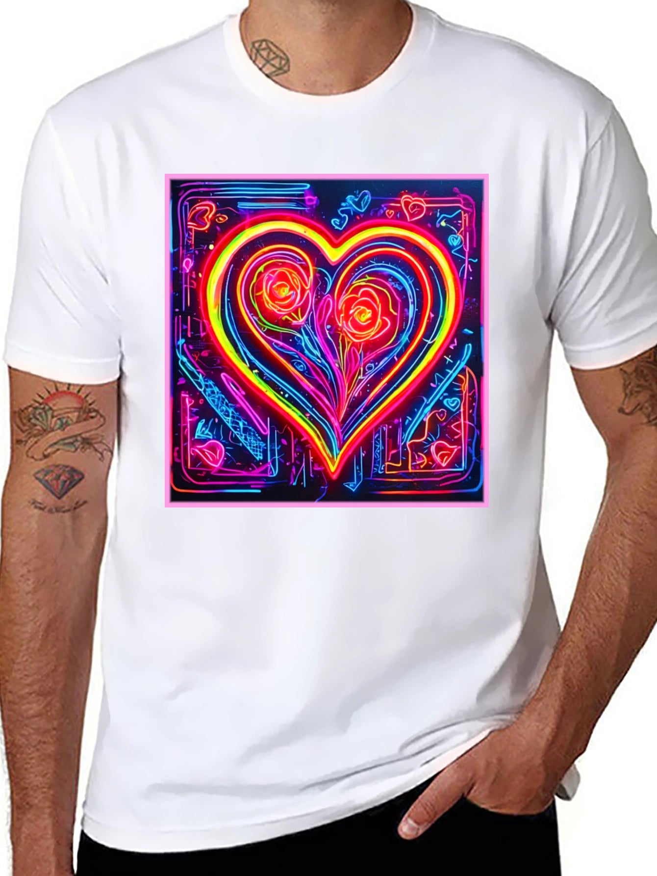 Neon Heart Rose Graphic T-Shirt