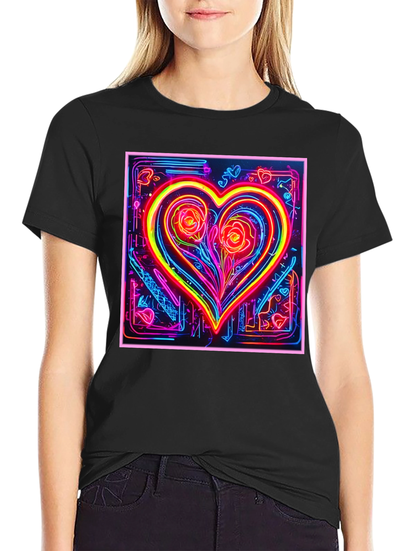 Neon Heart Rose Graphic T-Shirt