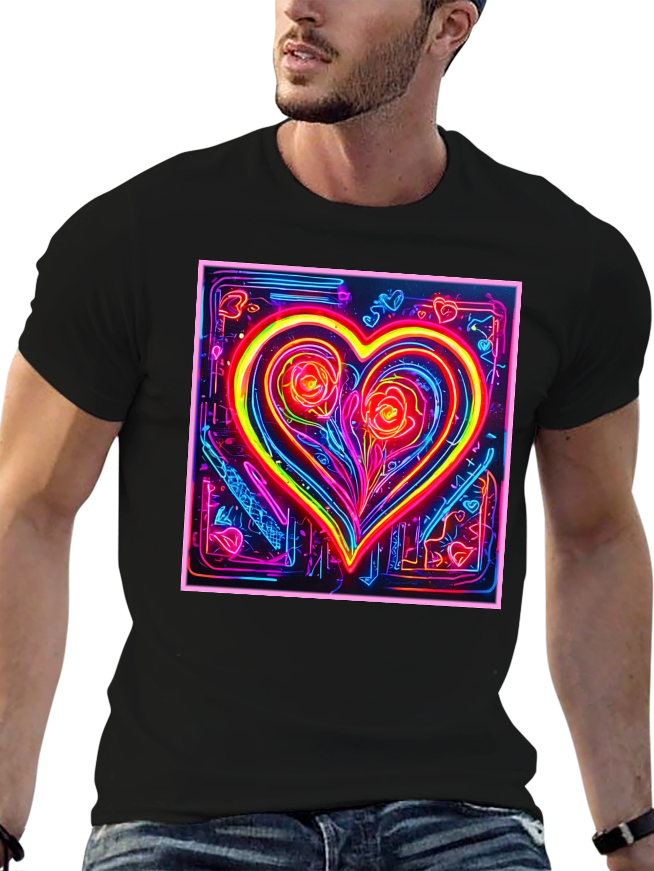 Neon Heart Rose Graphic T-Shirt