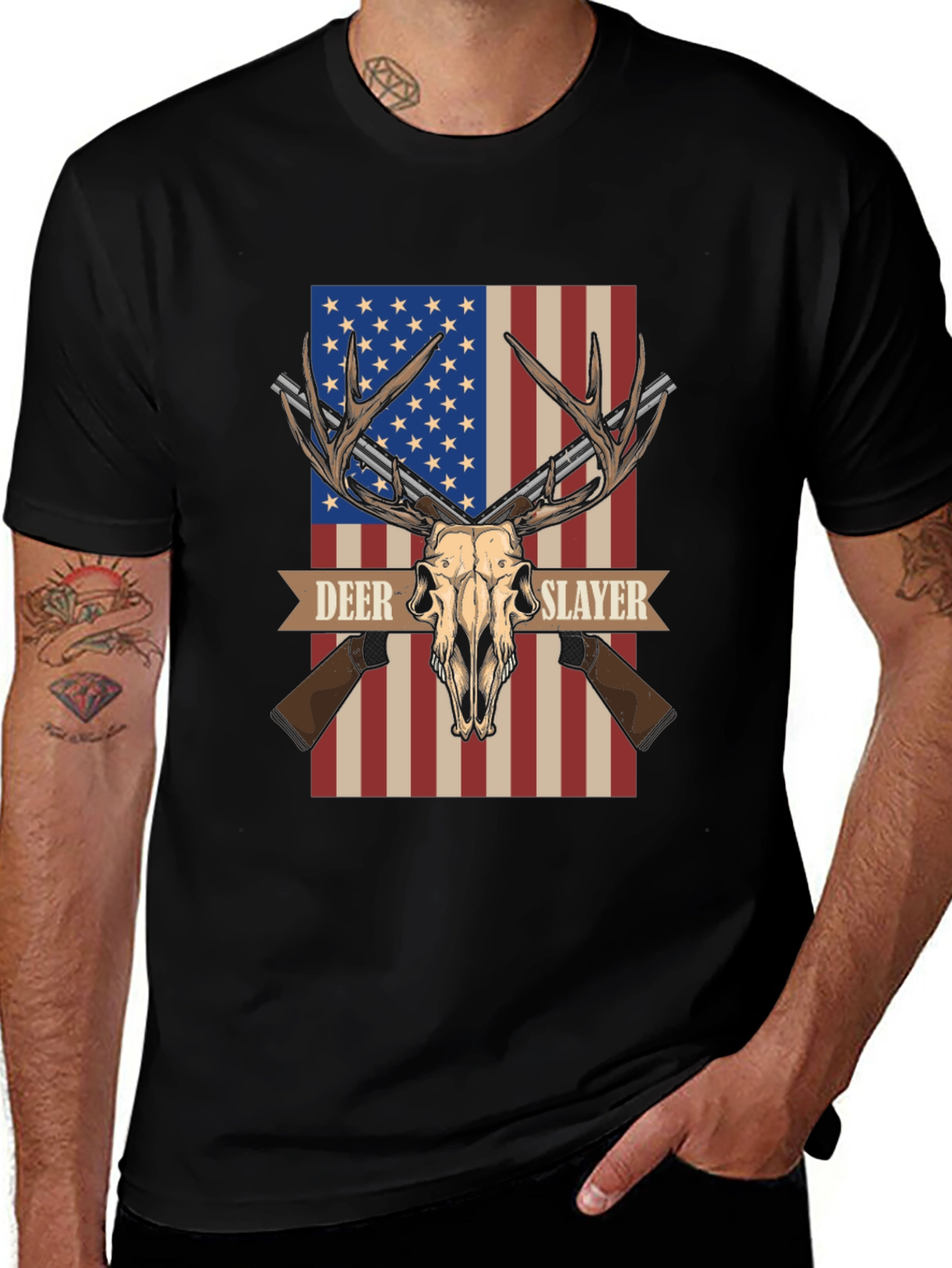 Deer Slayer Graphic T-Shirt - American Flag Hunting Tee