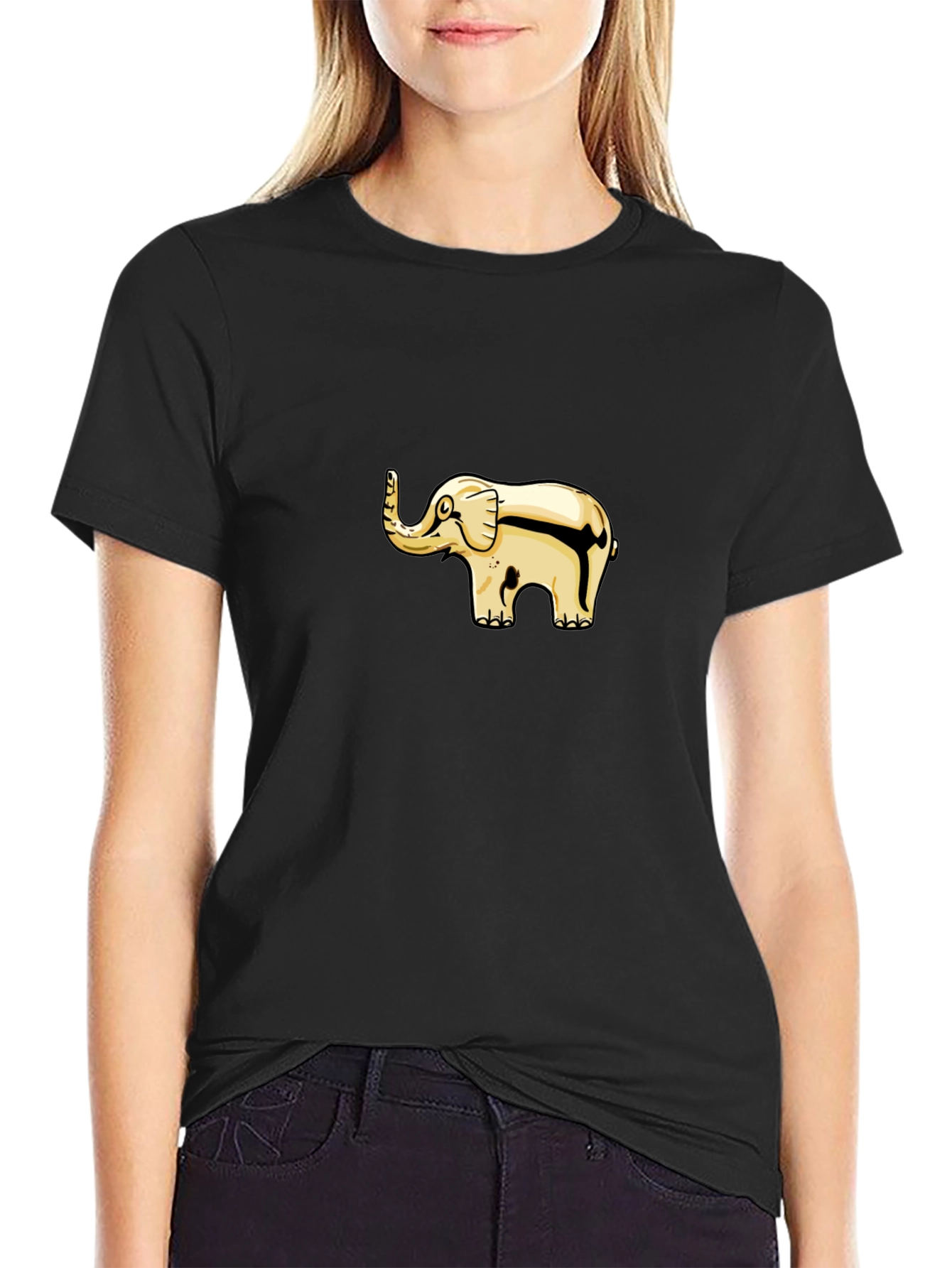 Black T-Shirt with Gold Elephant Graphic