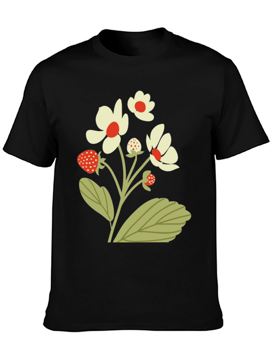 Strawberry Floral Print Black T-Shirt
