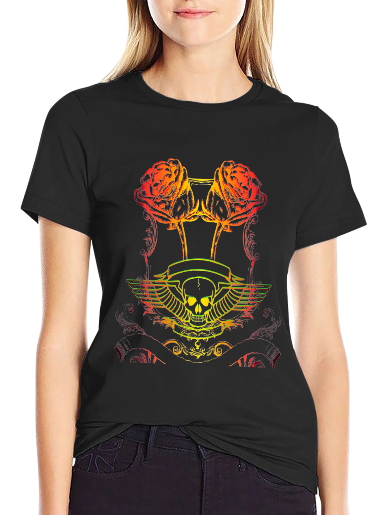 Skull & Roses Graphic Tee - Black Cotton T-Shirt