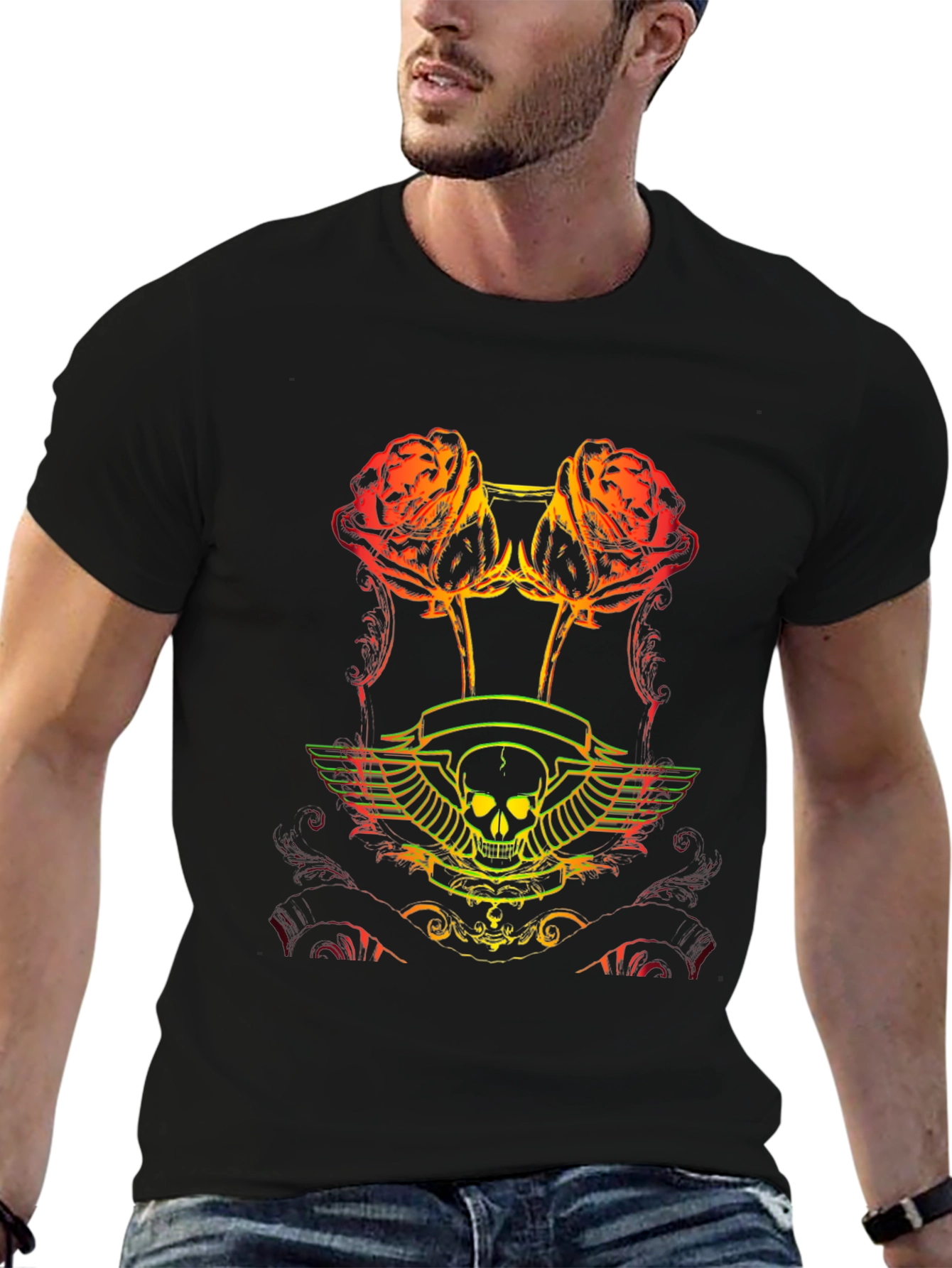 Skull & Roses Graphic Tee - Black Cotton T-Shirt