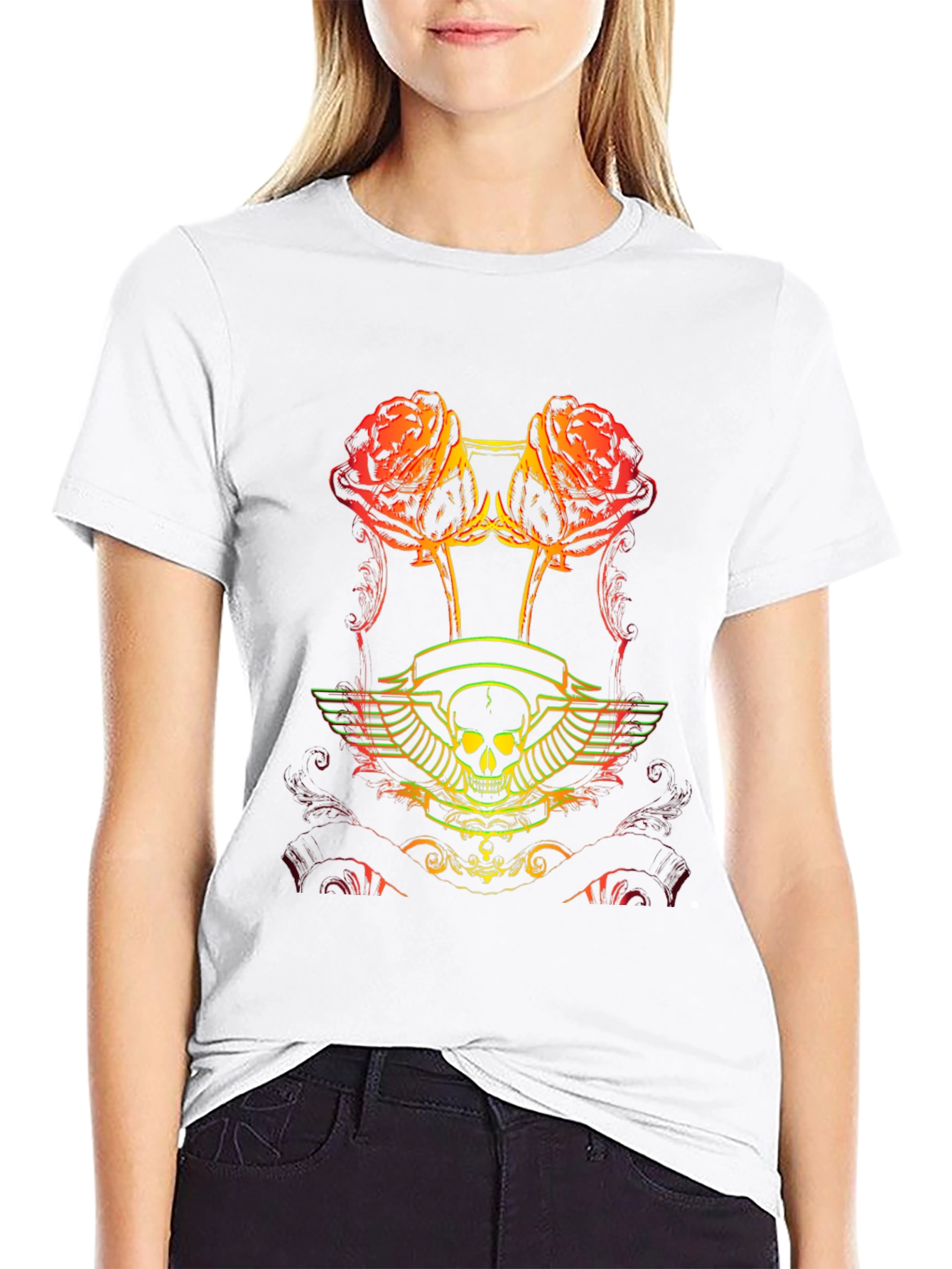 Skull & Roses Graphic Tee - Black Cotton T-Shirt