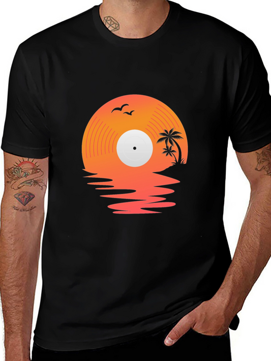 Sunset Vinyl Record T-Shirt - Tropical Island Design